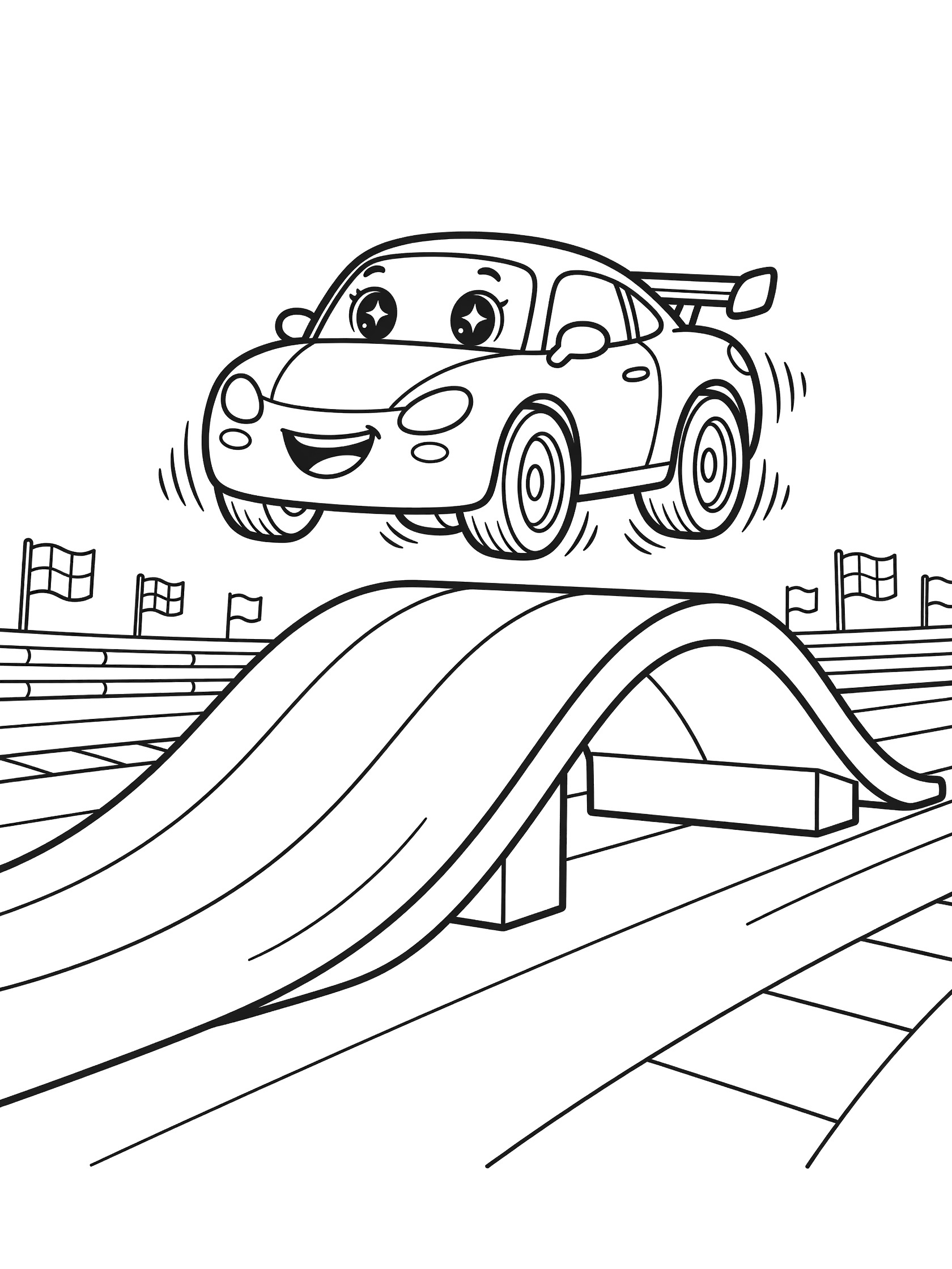 Black-and-white coloring page of a cute LMP race car with big eyes and grin jumping over a large curved ramp on a striped race track with flags.