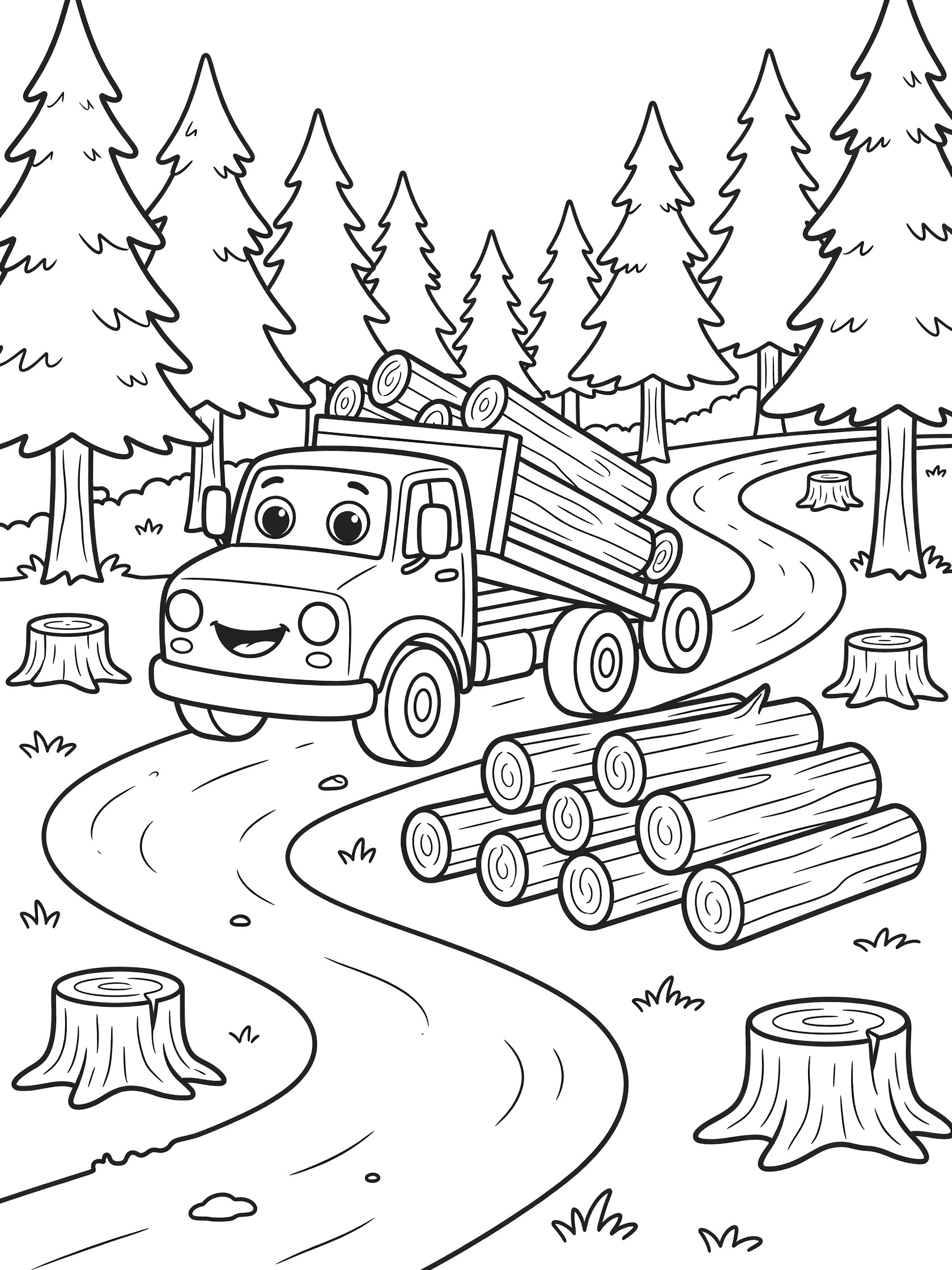 Black and white coloring page of a friendly logging truck with eyes and smile unloading logs onto a pile in a forest with pine trees and stumps