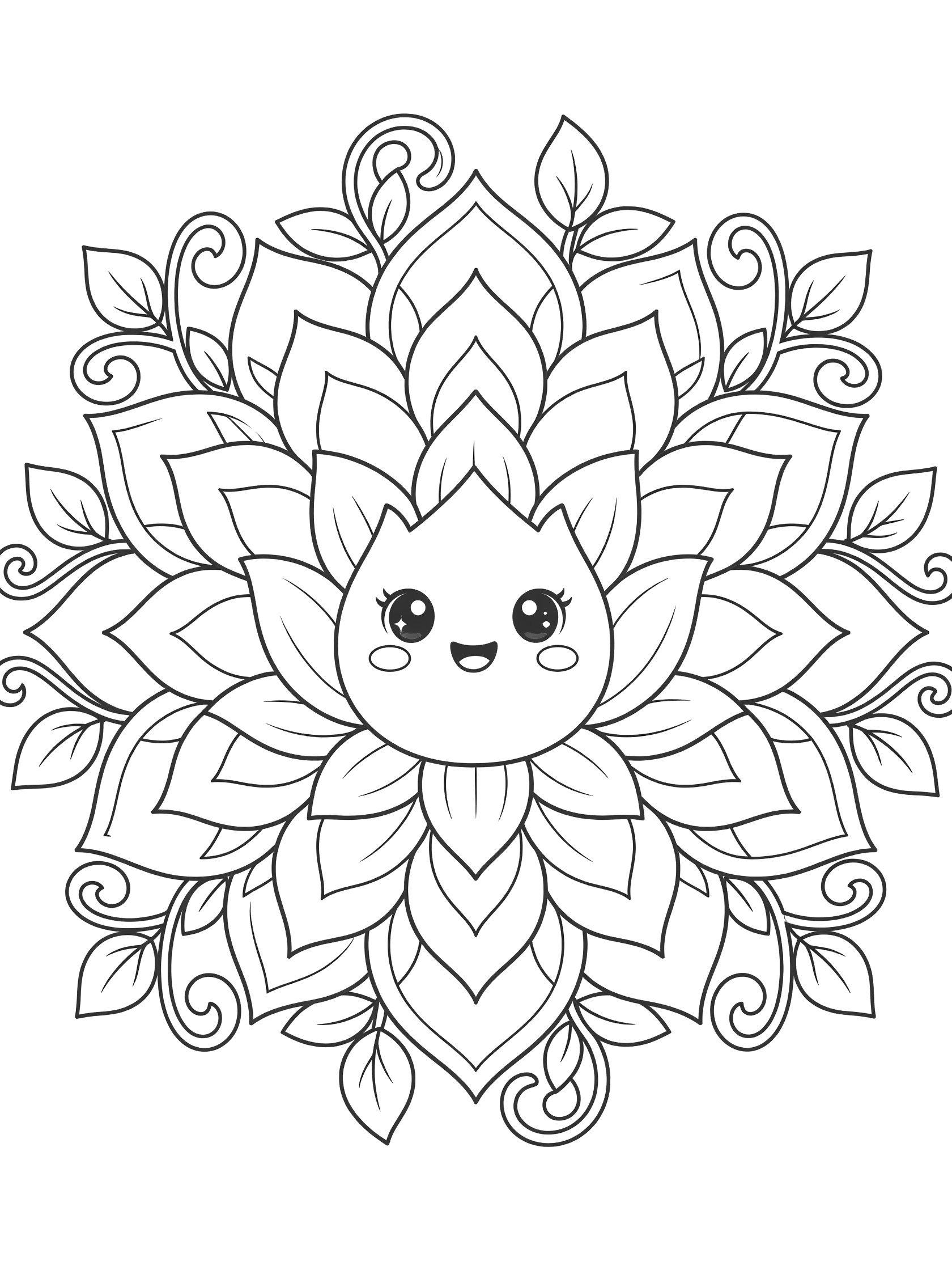 Black and white line art of a cute kawaii lotus flower mandala with smiling face, big round eyes, rosy cheeks, layered petals, and leaf patterns.
