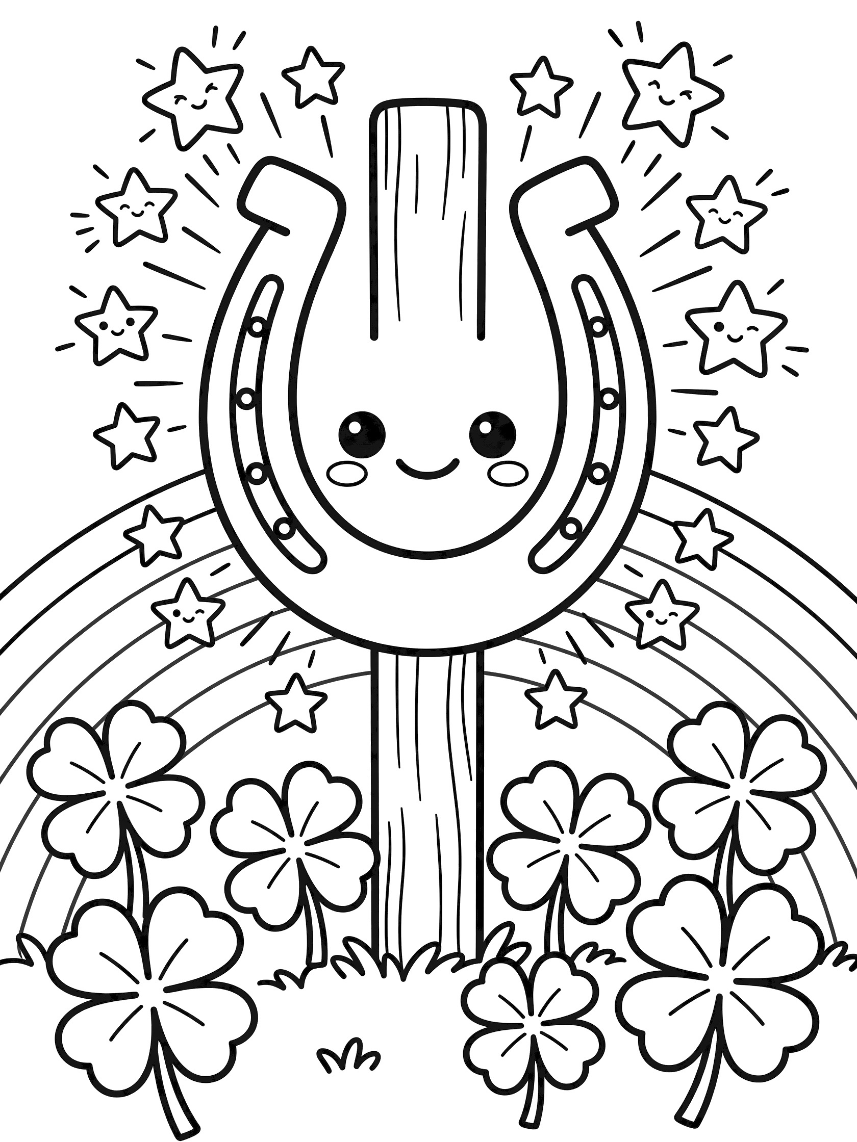 Printable coloring page showing a happy upside-down horseshoe with cute face on a wooden fence post, surrounded by twinkling stars, chubby clovers, and a rainbow arc
