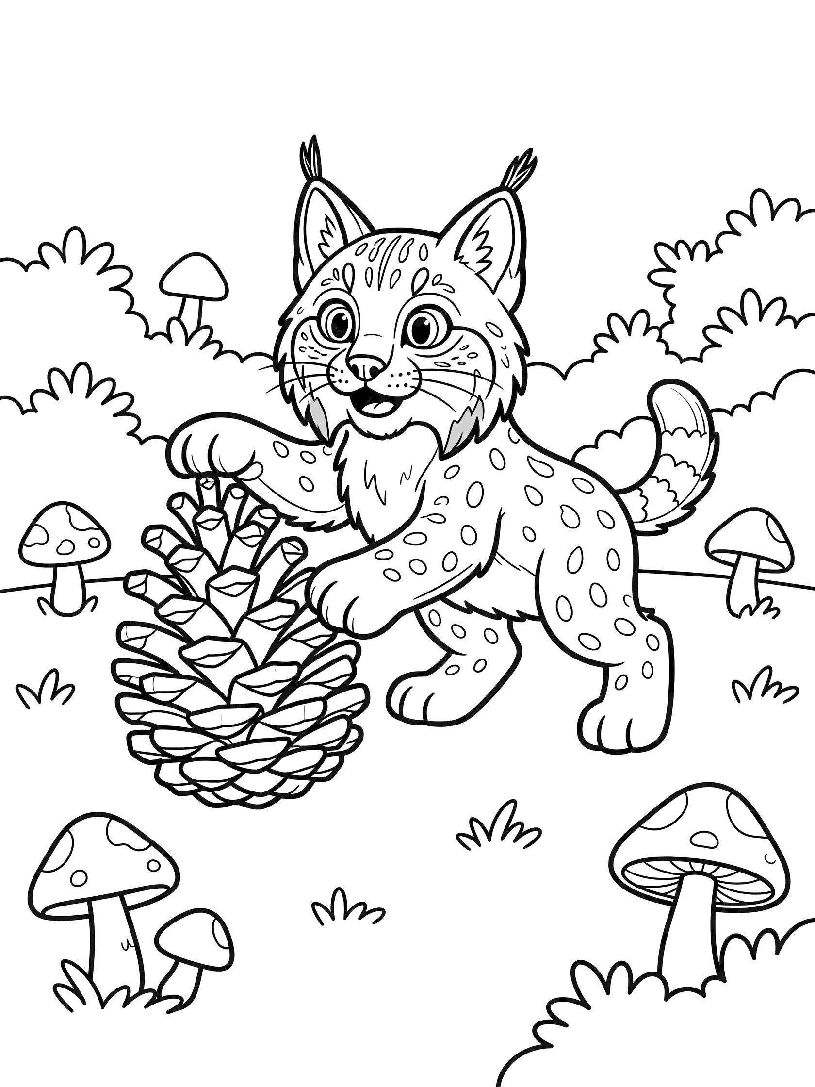 Black and white line art coloring page showing a cute lynx kitten with spotted fur, big eyes, and ear tufts playing with a large pinecone, surrounded by simple bushes and mushrooms.