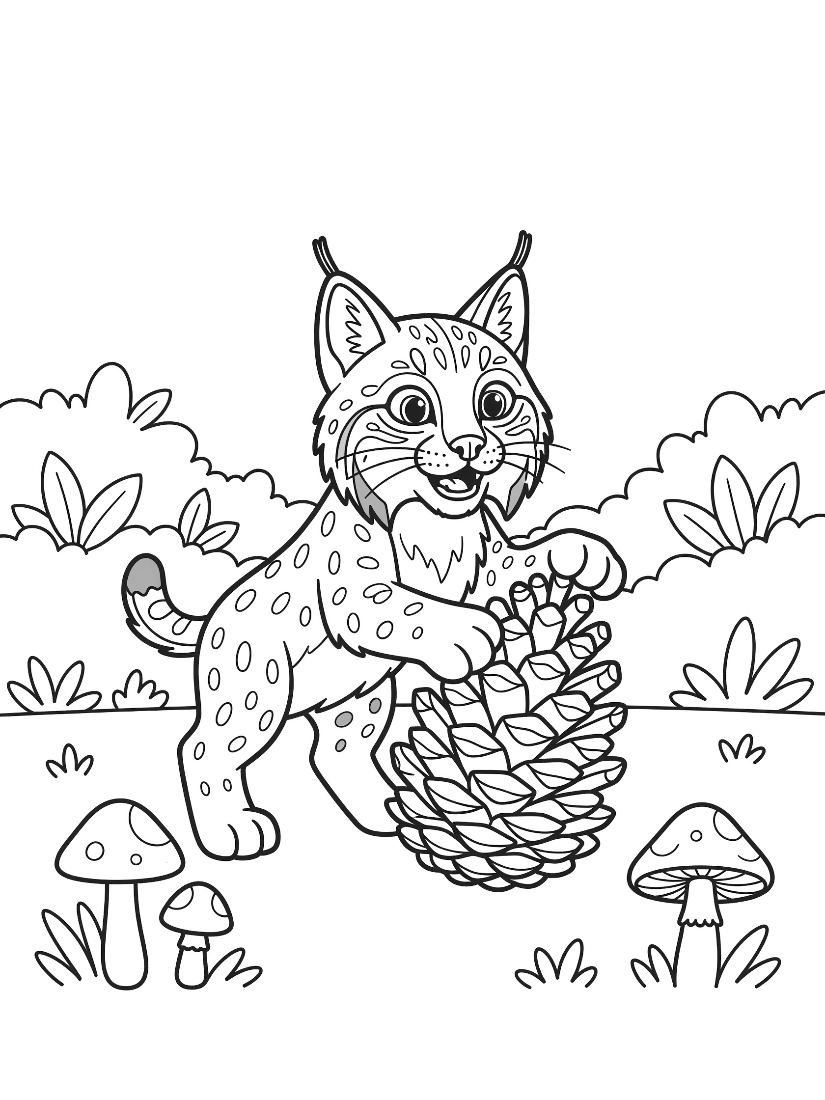Black and white line art coloring page showing a cute lynx kitten with ear tufts playing with a large pinecone, surrounded by simple bushes and mushrooms on a white background.