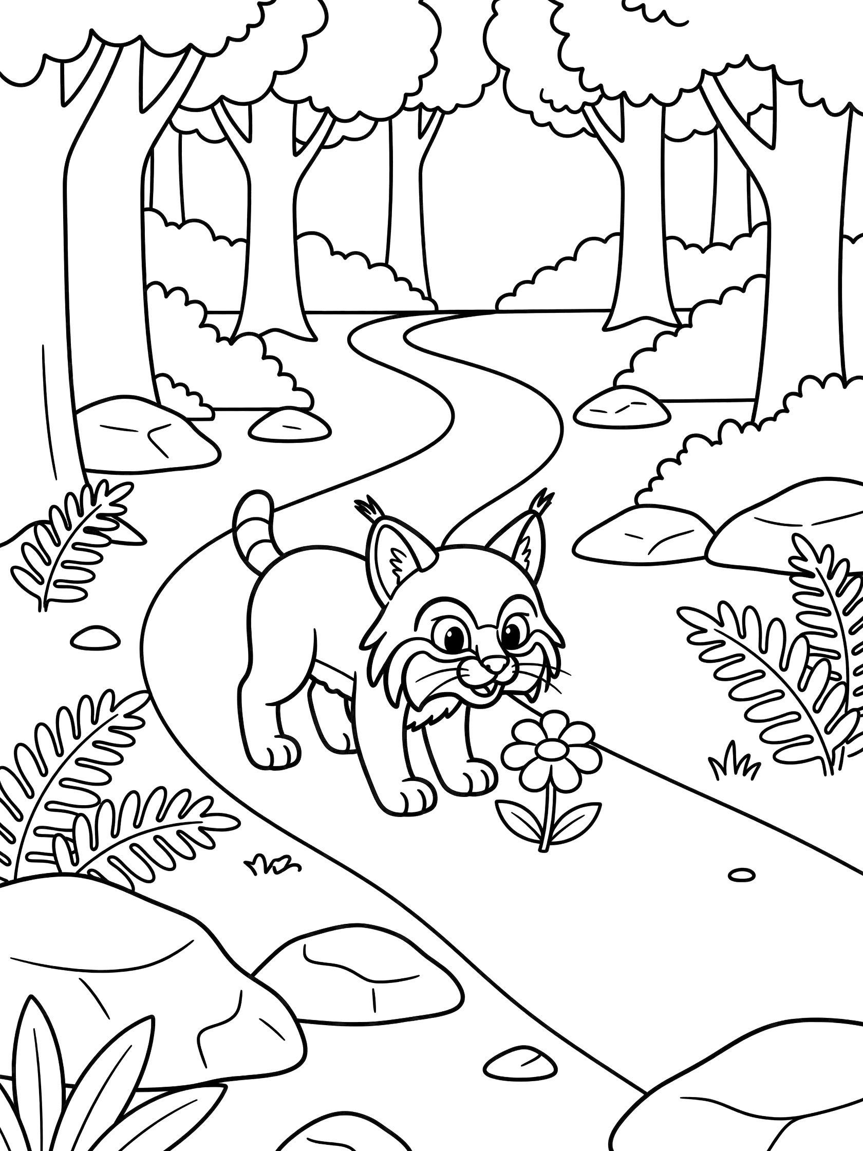 Black and white line art coloring page showing a cute cartoon lynx kitten walking on a winding forest path, sniffing a flower, surrounded by simple trees, bushes, ferns, and rocks. Bobcat themed black and white printable line art