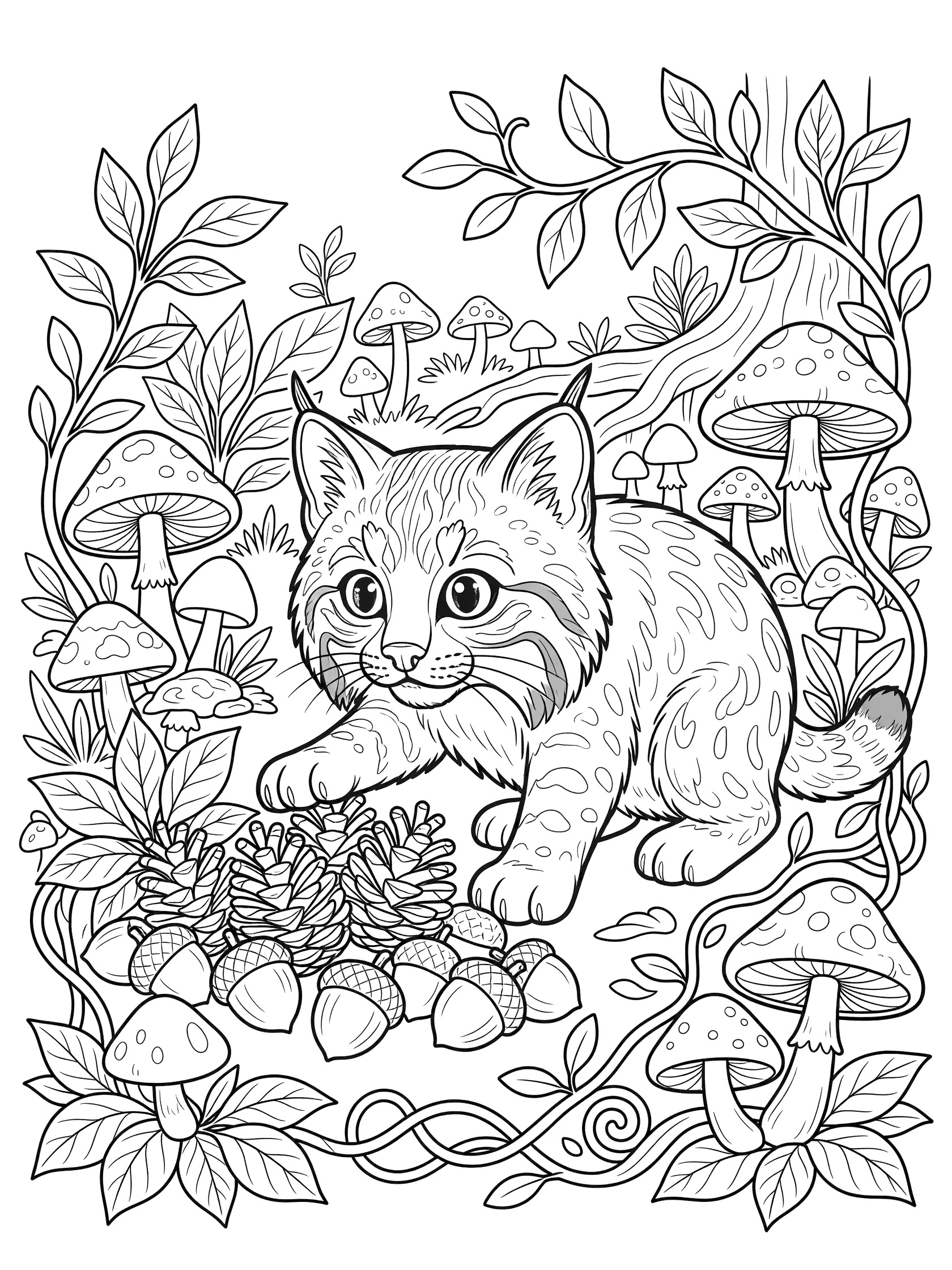 Black and white coloring page showing a curious lynx kitten with big eyes pawing at a pile of acorns and pinecones, surrounded by mushrooms, leaves, and vines on the forest floor. Bobcat themed black and white printable line art