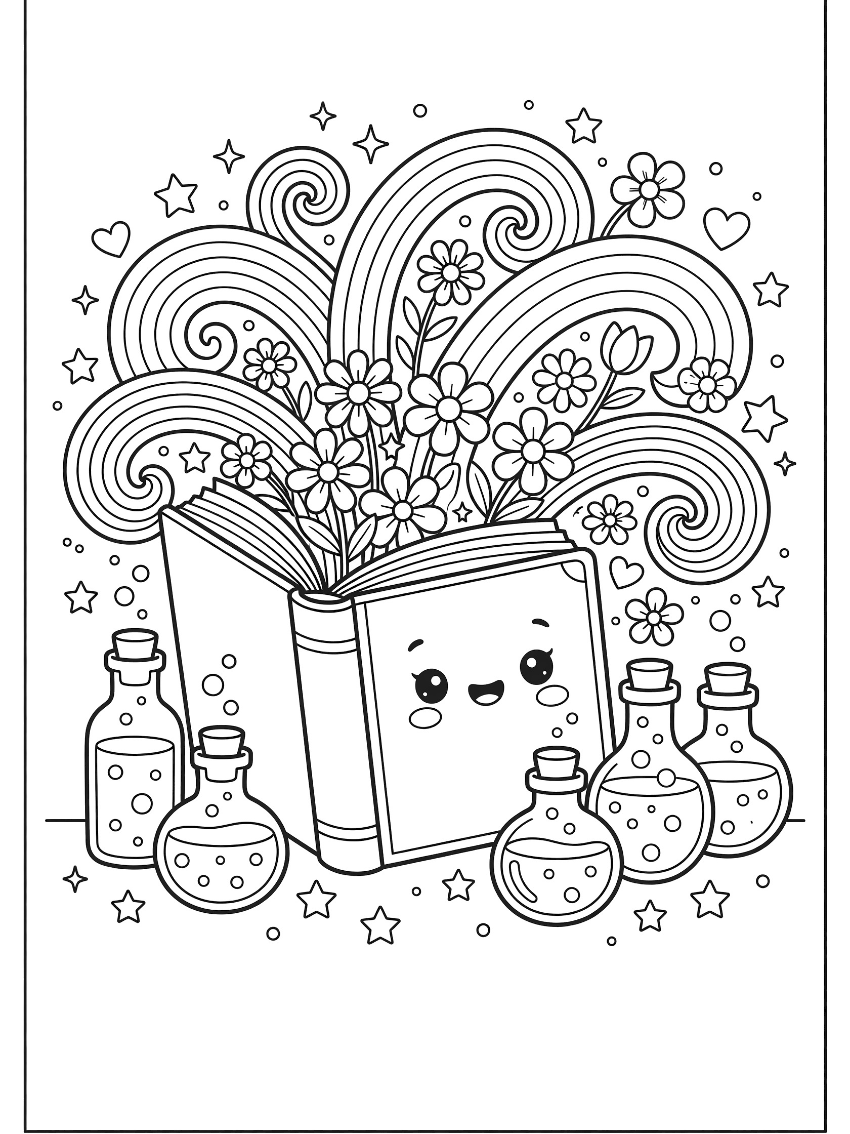 Black and white line art coloring page showing a cute open book with happy face, flowers and swirls coming from pages, bubbling potion bottles beside it, and stars around.