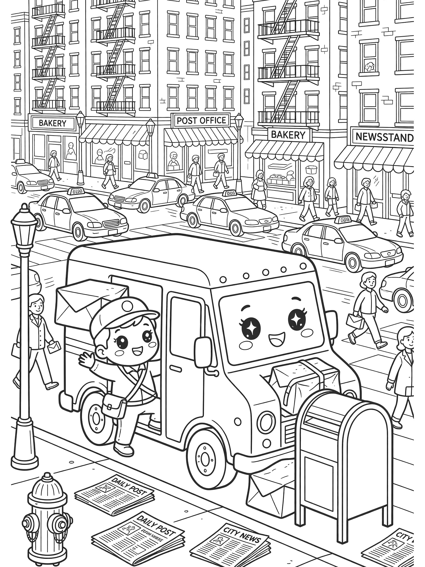 Detailed line art coloring page showing a kawaii mail truck with sparkling eyes and chubby wheels next to a mailbox on a bustling city street with traffic, people, and storefronts