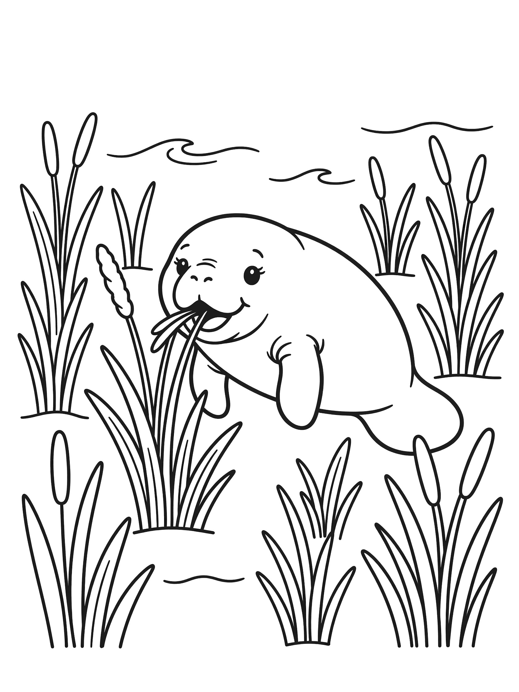 Black and white line art coloring page showing a happy manatee eating tall seagrass blades surrounded by wavy water lines and more grass in an underwater scene.