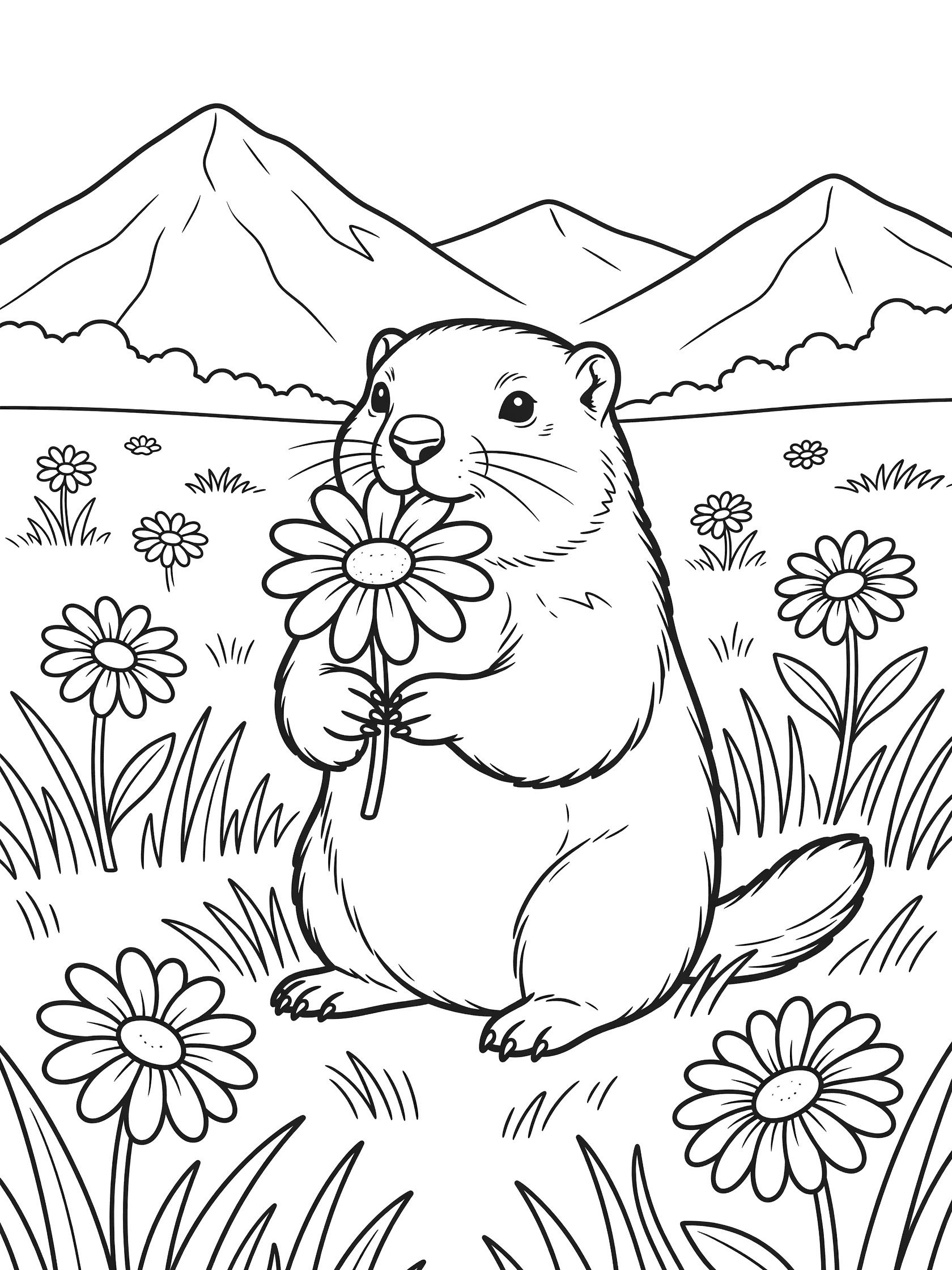 Black and white line art coloring page showing a chubby marmot sitting upright holding and eating a large daisy flower surrounded by meadow grass, daisies, and distant mountains.