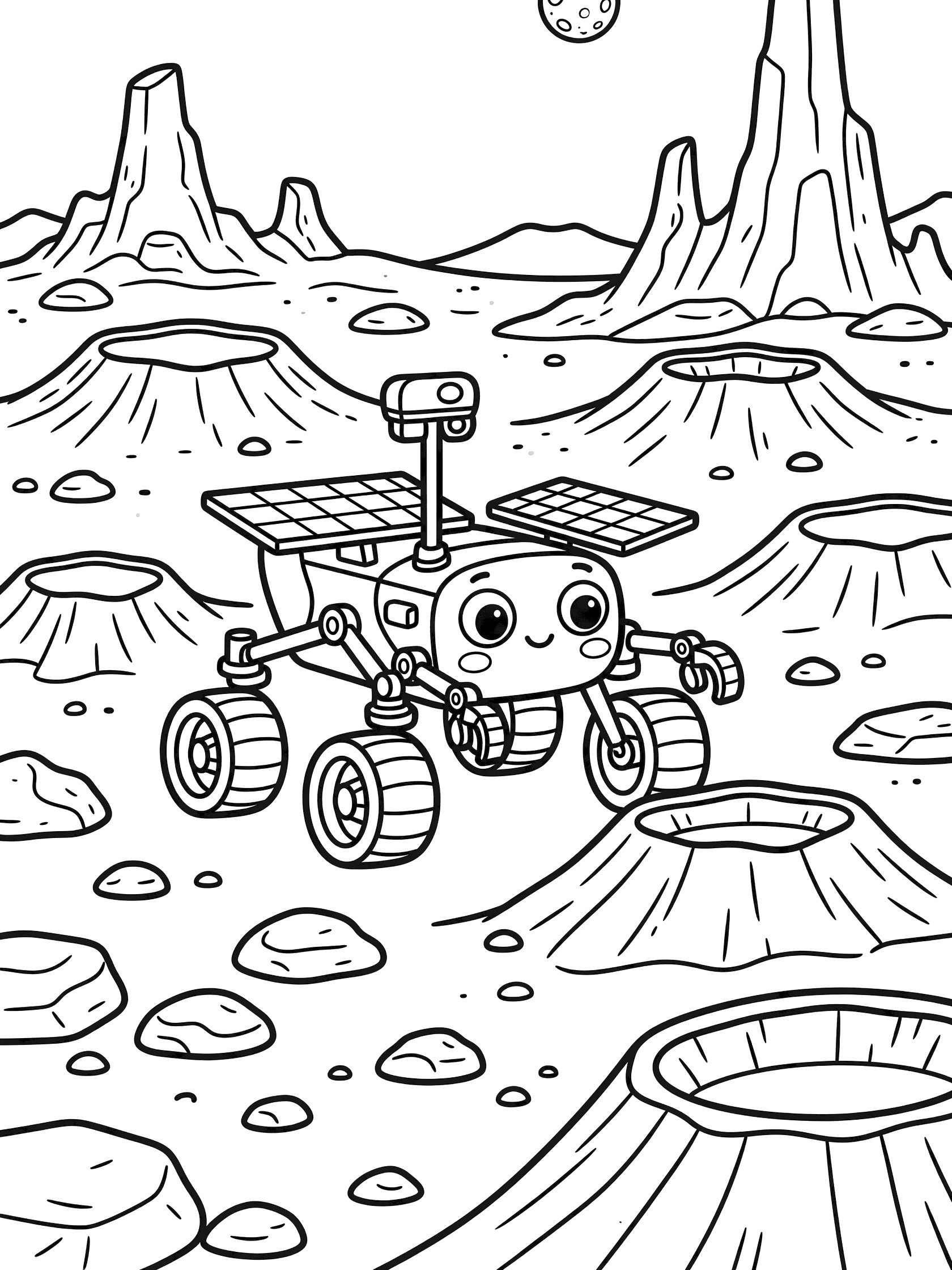 Whimsical doodle style Mars rover coloring page featuring a happy rover with googly eyes, extended arm, antenna, solar panels, oversized wheels on red planet landscape with craters, rocks, mountains, and starry sky.