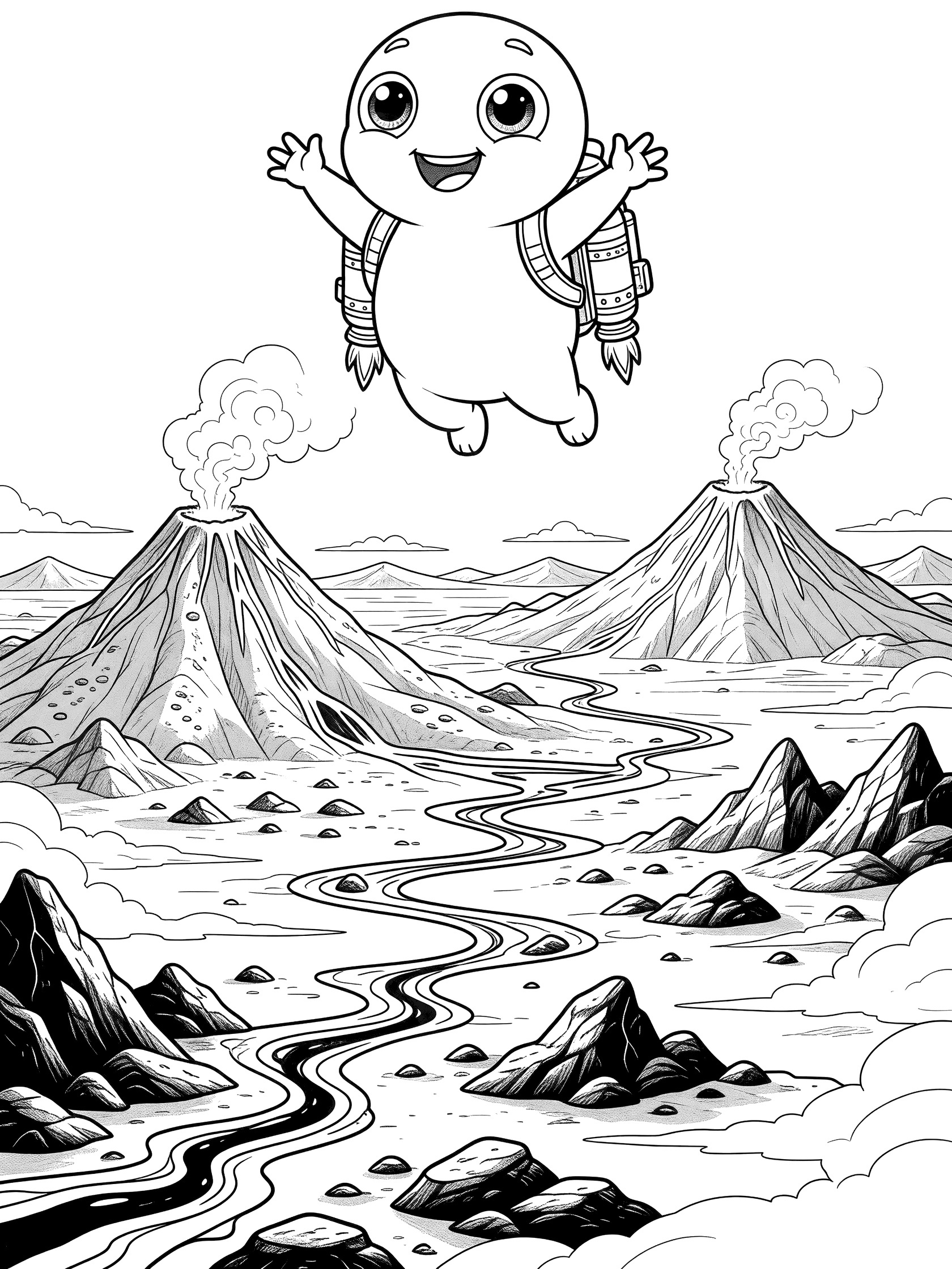 Adorable chubby Martian with huge eyes and jetpack backpack soaring excitedly with arms outstretched above twin smoking volcanoes, lava river, rocks, and thin clouds in a detailed Mars landscape coloring page