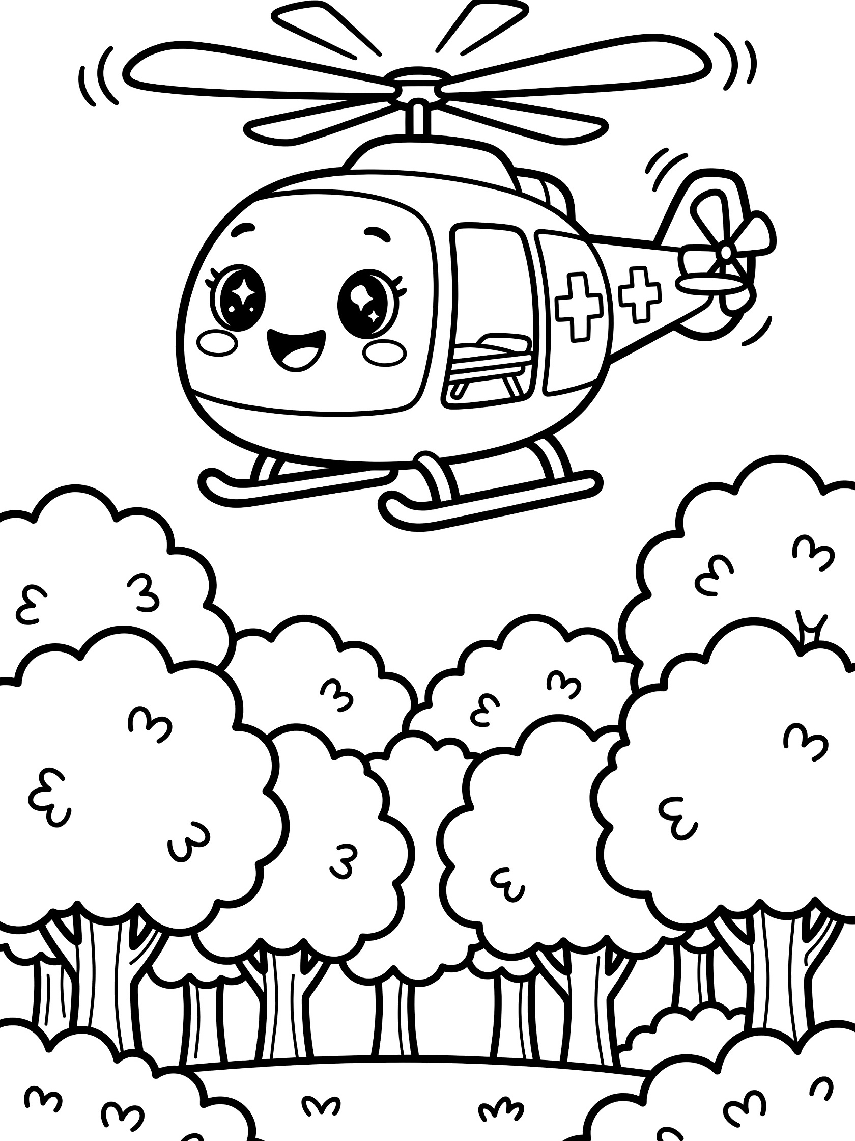 Kawaii medical helicopter with sparkling eyes, rosy cheeks, and rotors spinning over cartoon forest trees coloring page