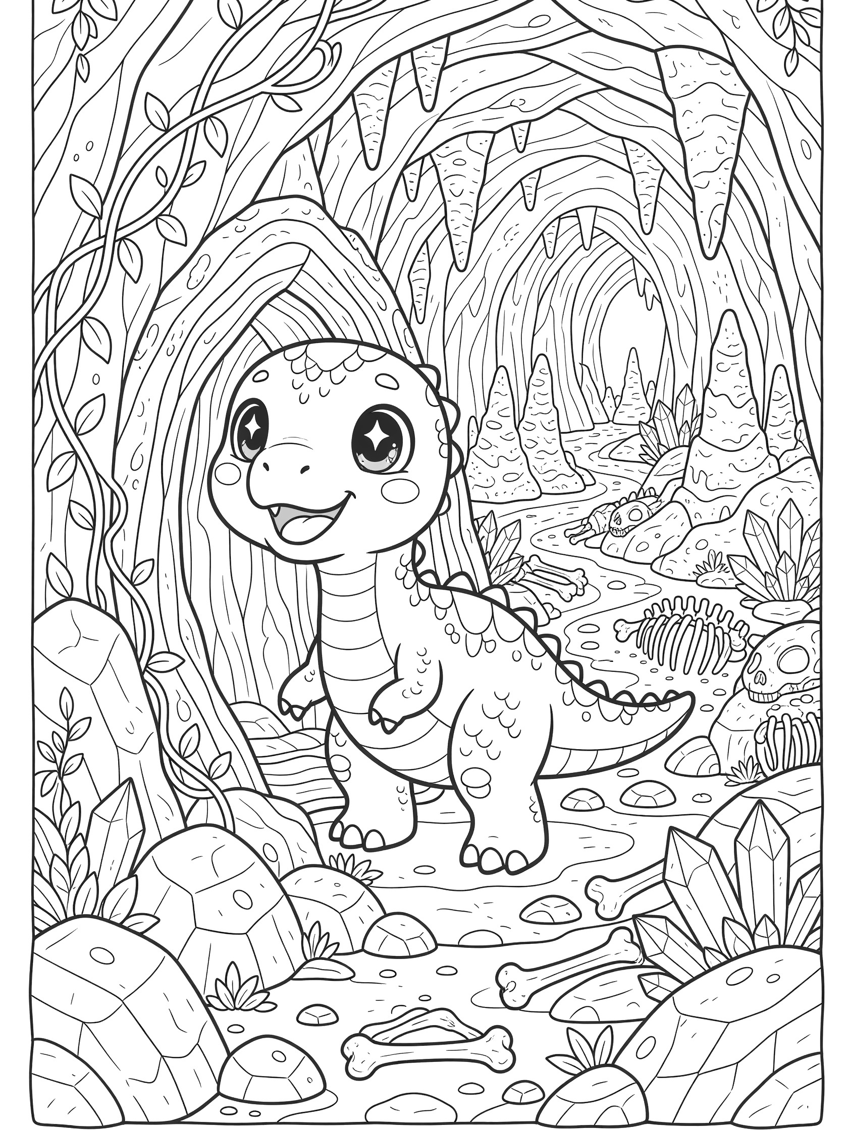 Kawaii Megalosaurus with big eyes and tiny arms poking head into a twisting cave entrance surrounded by boulders, vines, stalactites, stalagmites, crystals, and prehistoric bones.