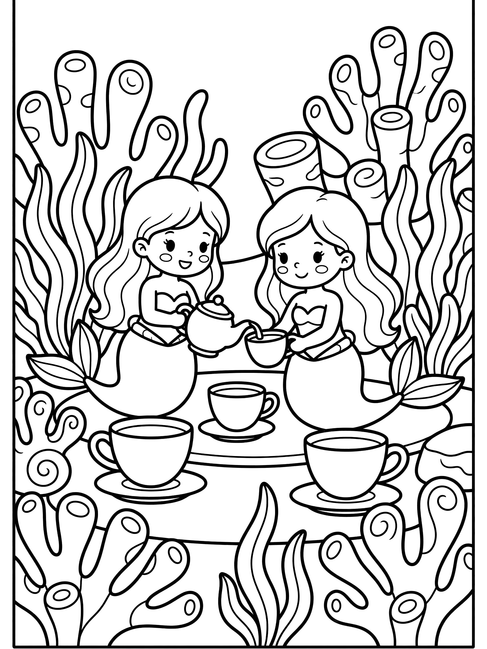 Kawaii mermaids at a coral tea party coloring page 1771269351, two friendly mermaids pouring tea surrounded by coral and cups.