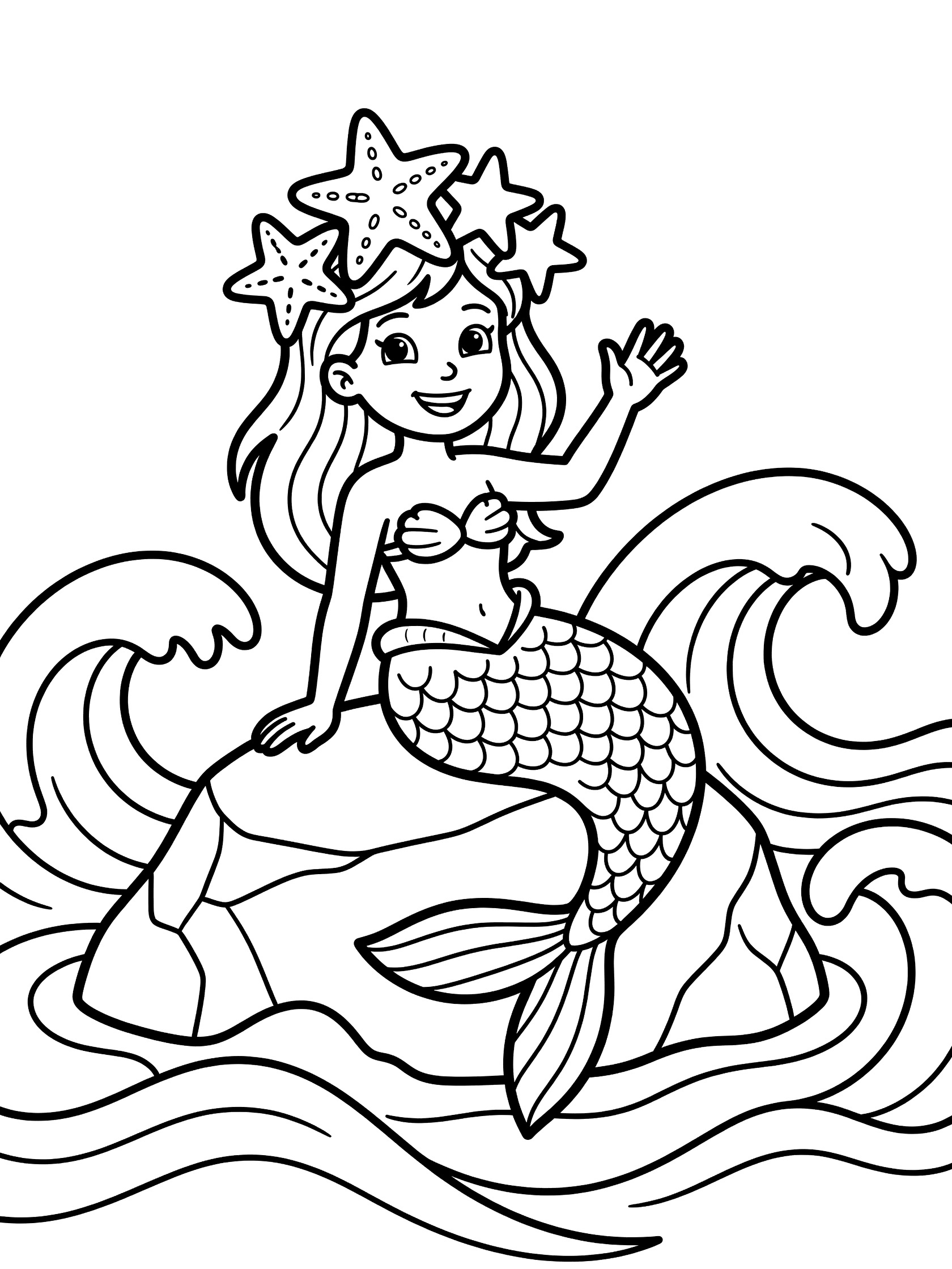 Black and white line art coloring page showing a cheerful mermaid with long hair, starfish crown, waving hand, sitting on a rock surrounded by simple curling waves. Mermaid Crown themed black and white printable line art
