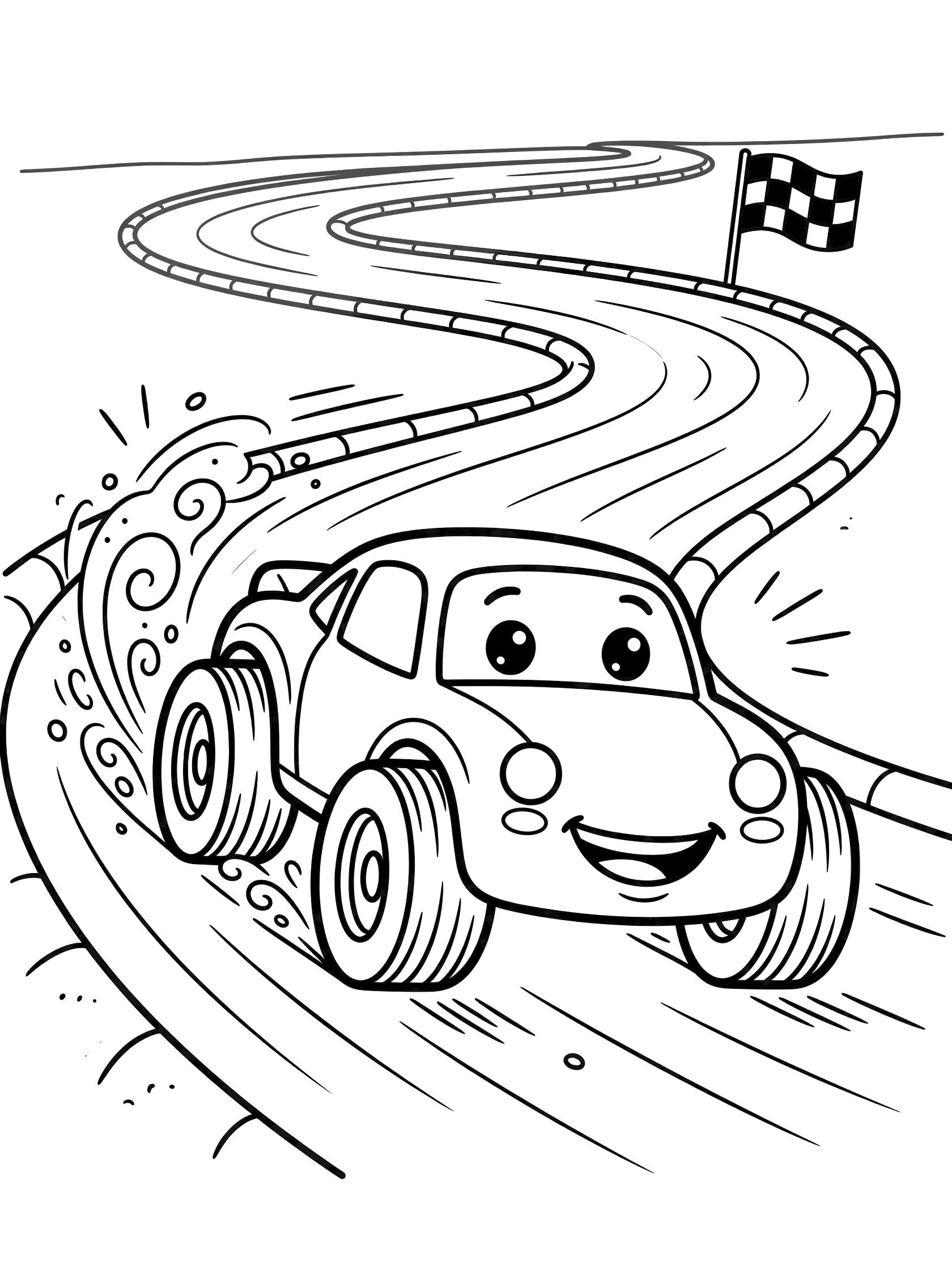 Kawaii midget car with round eyes and smile speeding around a bend on winding dirt track, motion lines and dirt swirls, checkered flag coloring page