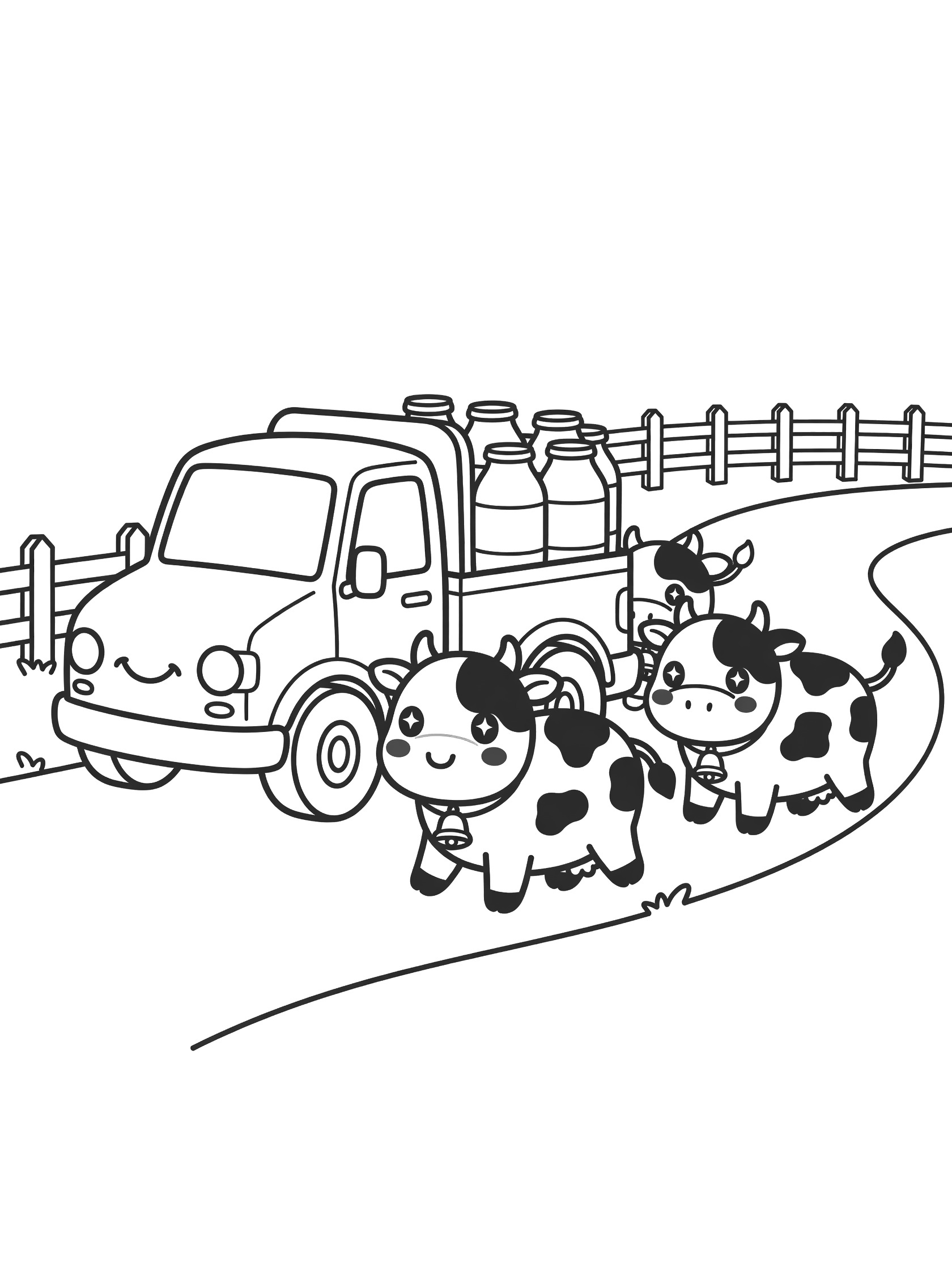 Kawaii style milk truck with stacked milk jugs and three spotted dairy cows with bells, on a curvy farm road with wooden fence, line art coloring page.