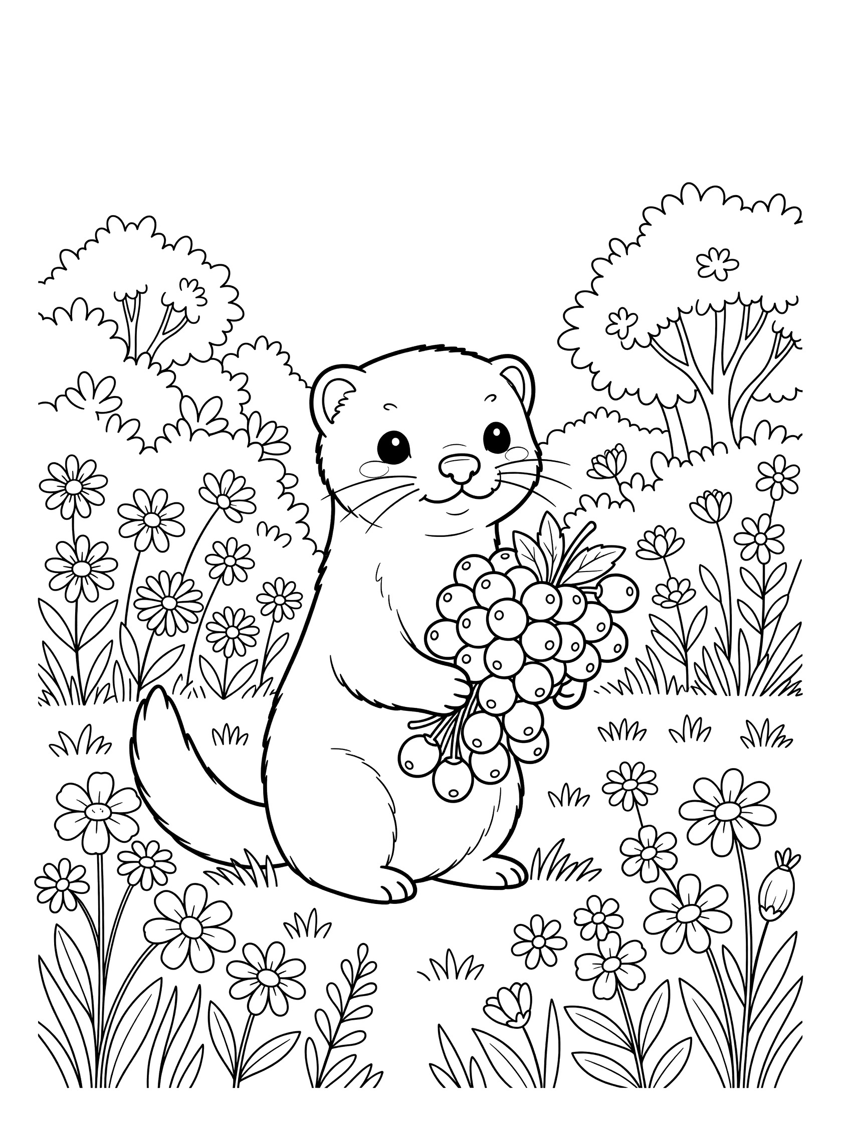 Adorable kawaii mink holding grapes in a forest with bushes and flowers, black and white line art coloring page