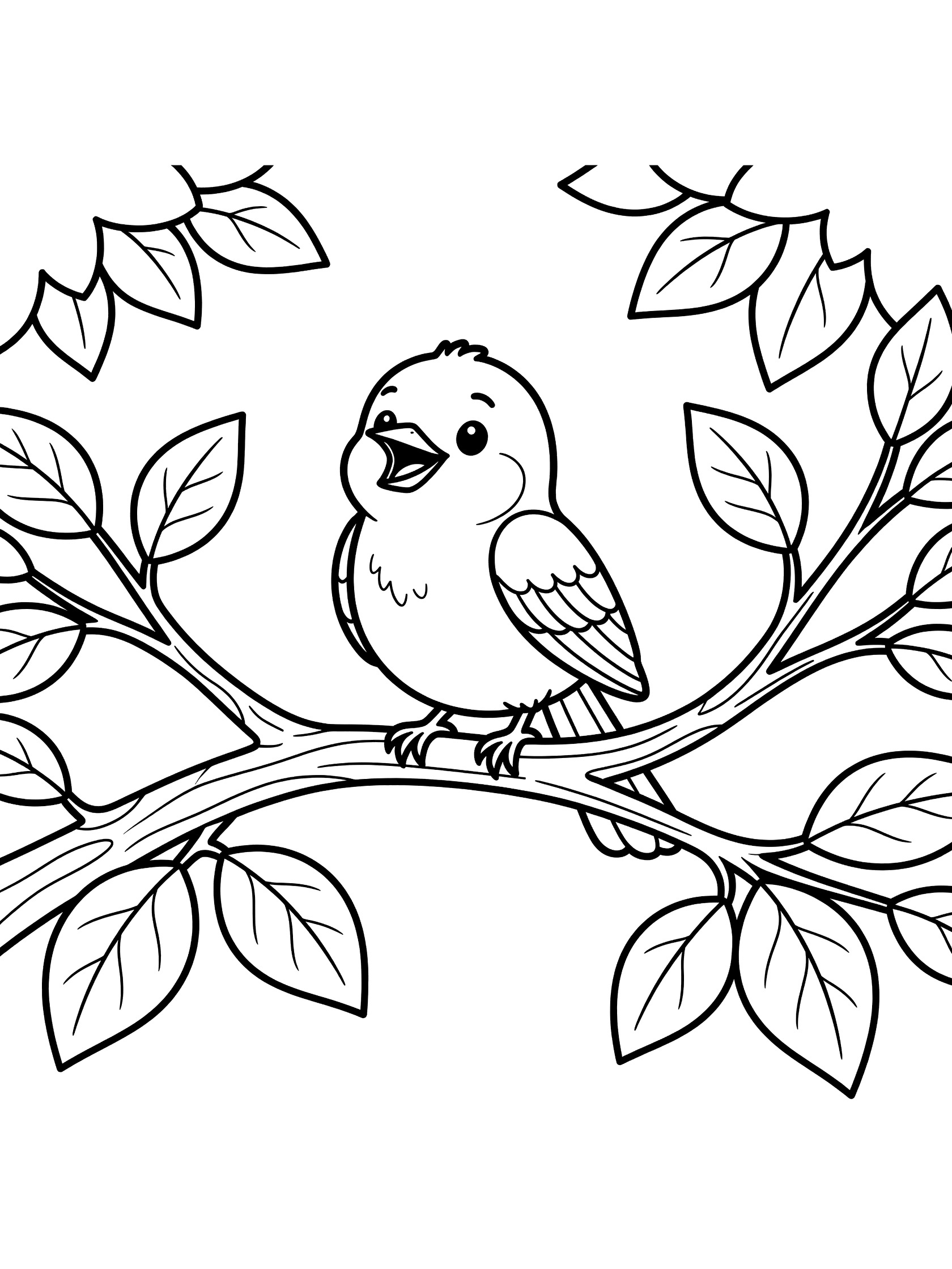 Cute cartoon mockingbird coloring page with the bird on a branch, beak open in song, surrounded by simple leaves and twigs, black line art on white background