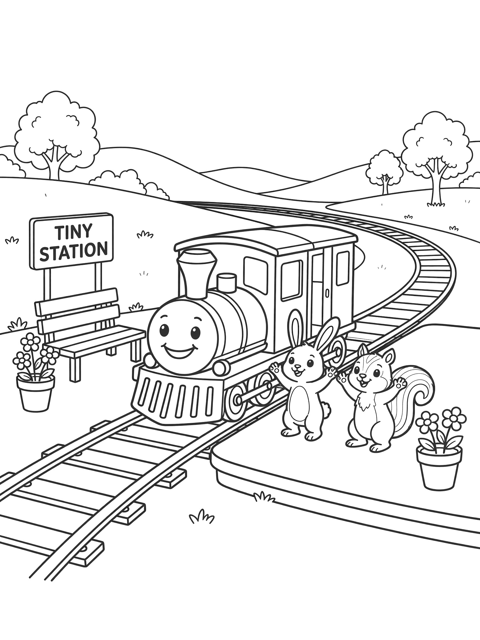 Whimsical line art coloring page showing a happy-faced model train at a small station platform on curved tracks, with bunny and squirrel waving, bench, sign, flower pots, hills and trees.