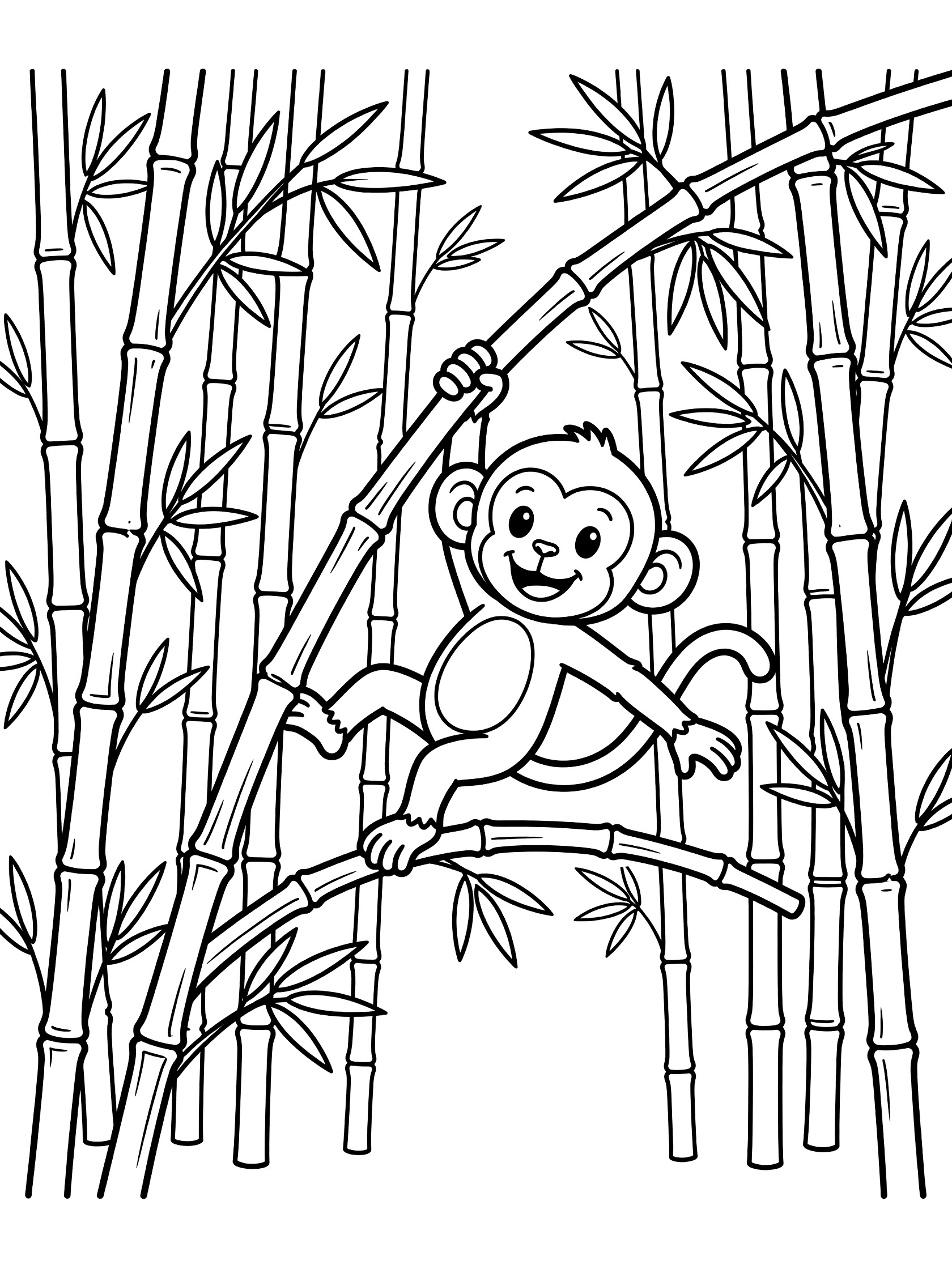 Black and white line art coloring page showing a cute smiling monkey swinging on a curved bamboo stalk surrounded by tall bamboo poles and leaves in a forest. Bamboo Forests themed black and white printable line art