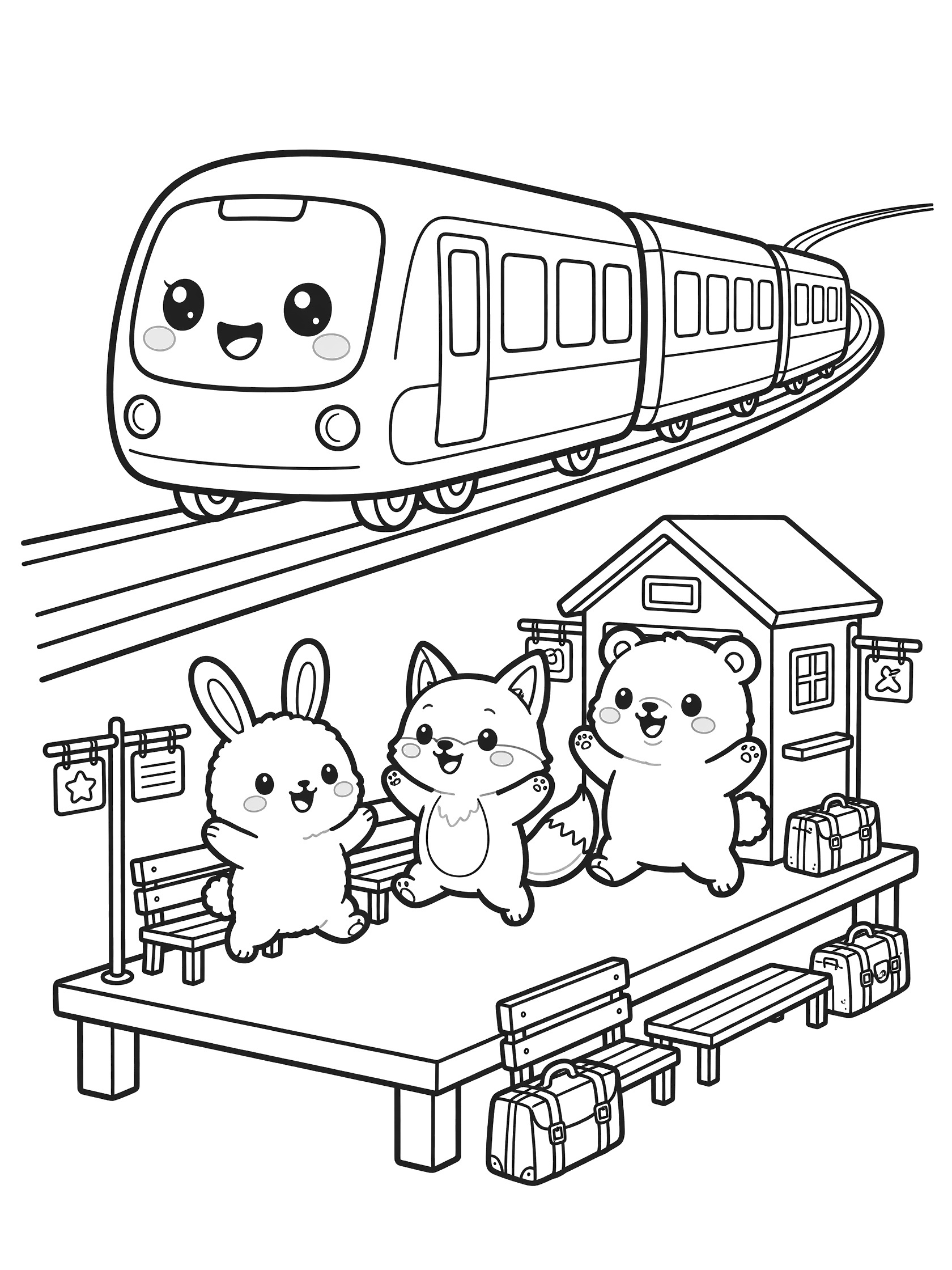 Black and white coloring page of a chibi monorail train with big eyes gliding into an elevated station. Bunny, fox, and bear friends jump and wave on the platform with benches, ticket booth, signs, and bags.