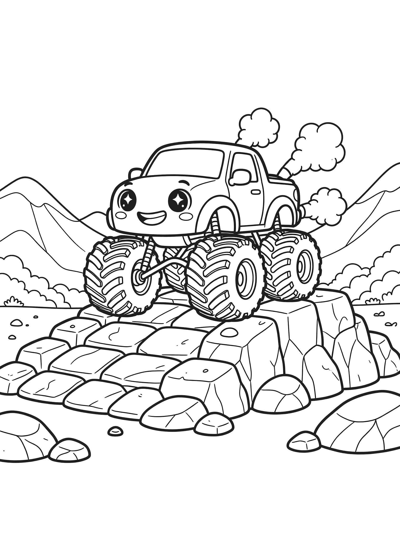 Black and white line art of a chibi monster truck with sparkling eyes and grin climbing jagged rocks on a ramp, with exhaust puffs and distant hills.