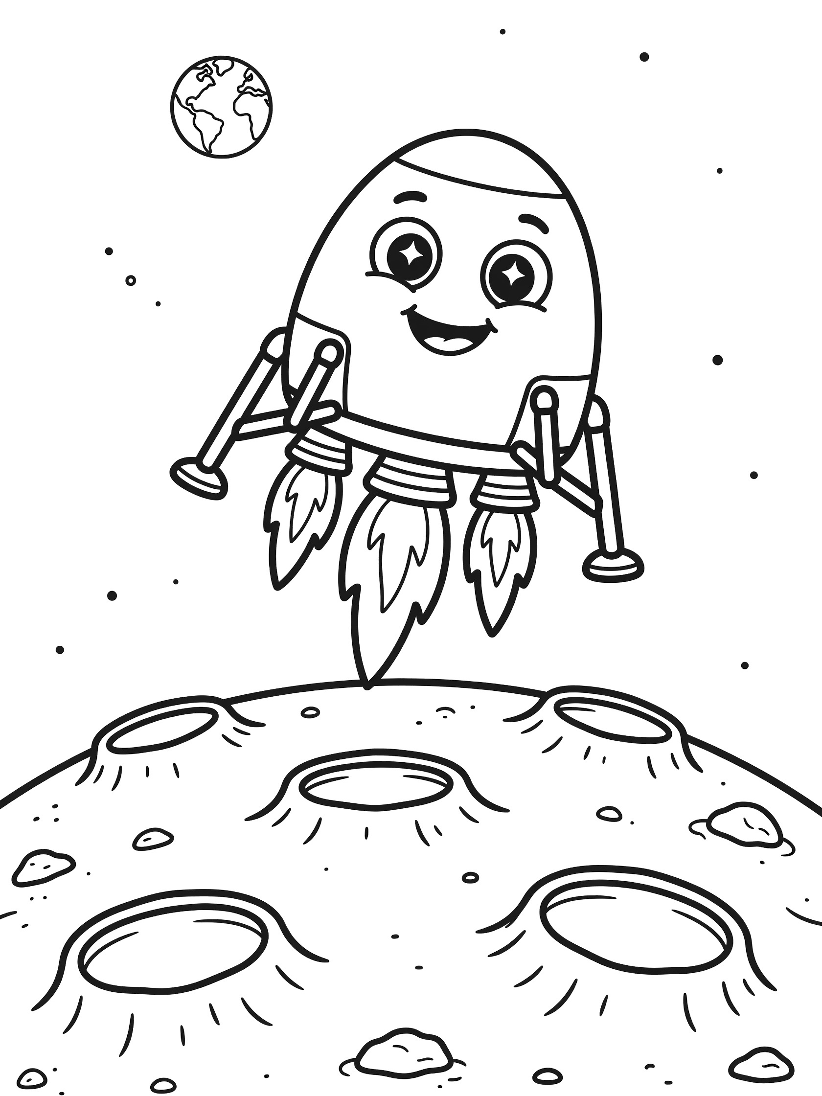 Cute landing module coloring page showing descent to cratered moon with flames from thrusters, landing legs, big sparkling eyes, happy smile, distant Earth, and stars.