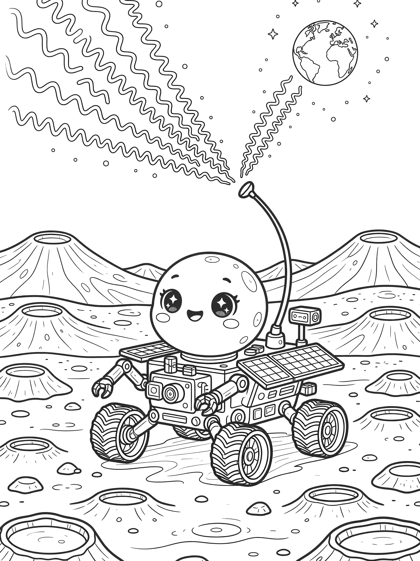 Black and white coloring page of a cute moon rover with sparkling eyes and smile, parked on cratered moon surface, tall antenna beaming wavy signals to Earth in starry space