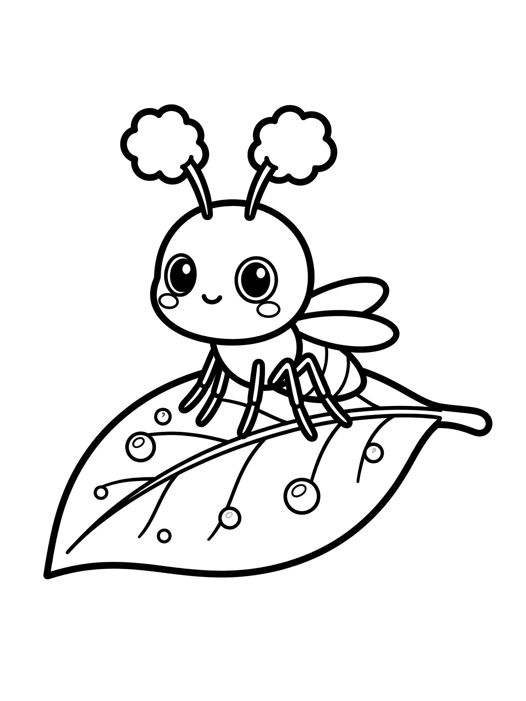Black and white line art coloring page showing a kawaii-style mosquito with big sparkling eyes, fluffy antennae, and wings on a large leaf with round dewdrops
