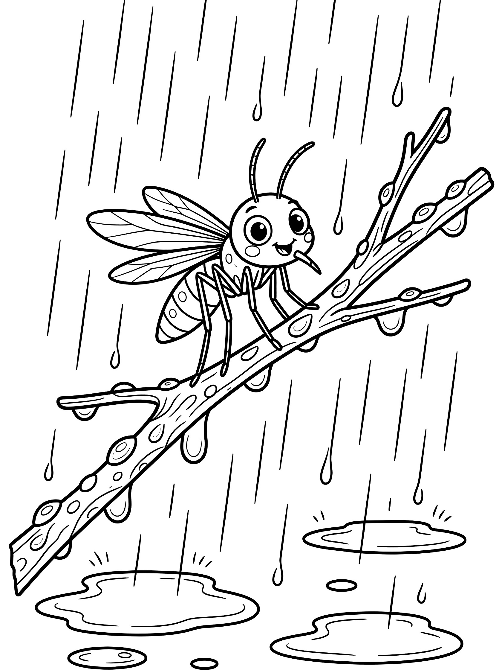 Black and white coloring page of a cute cartoon mosquito on a branch covered in raindrops with falling rain and puddles below
