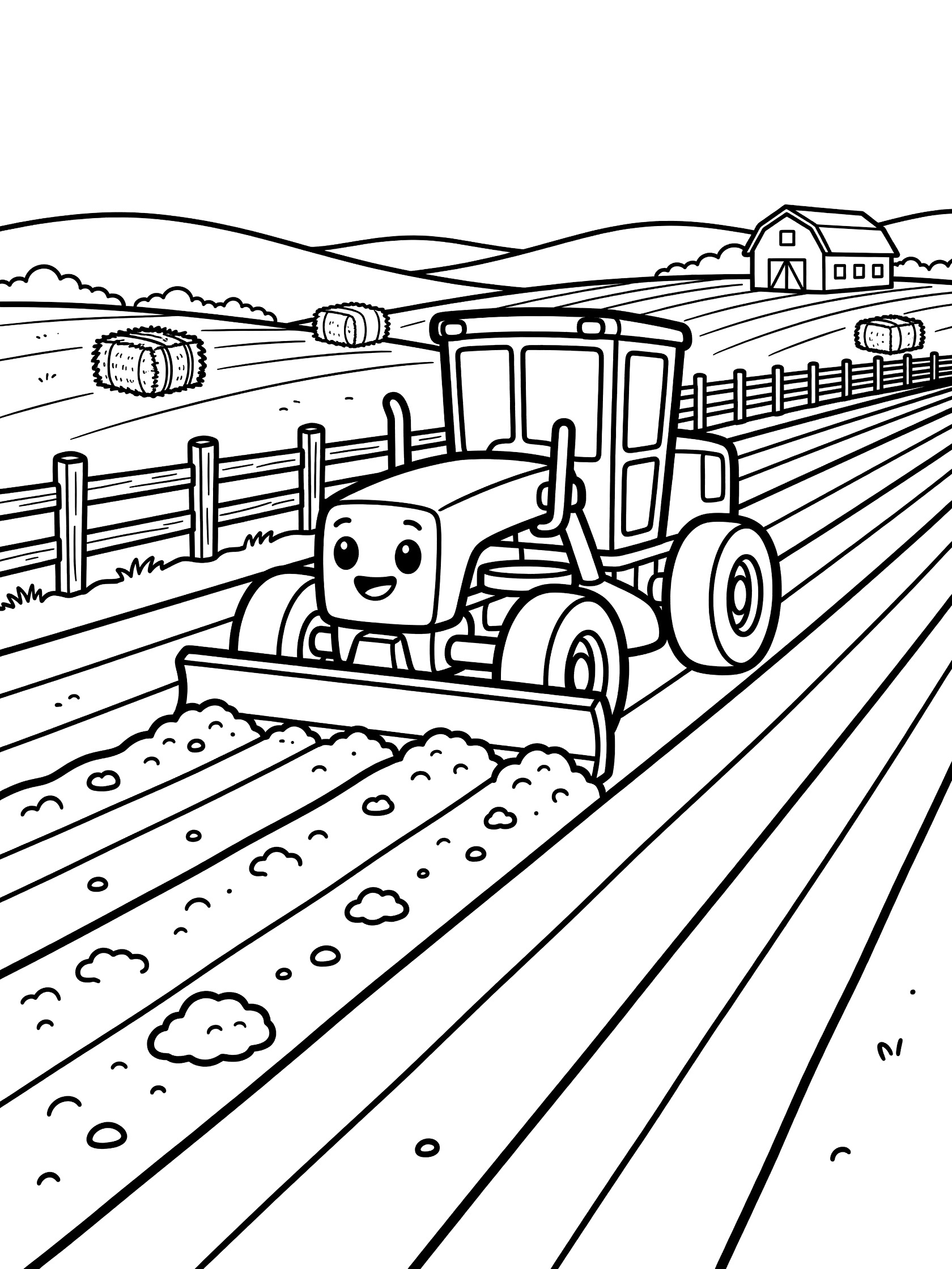 Printable coloring page showing a happy motor grader pushing dirt with its wide blade on a farm field, with wooden fence, barn, hills, and hay bales in the background.