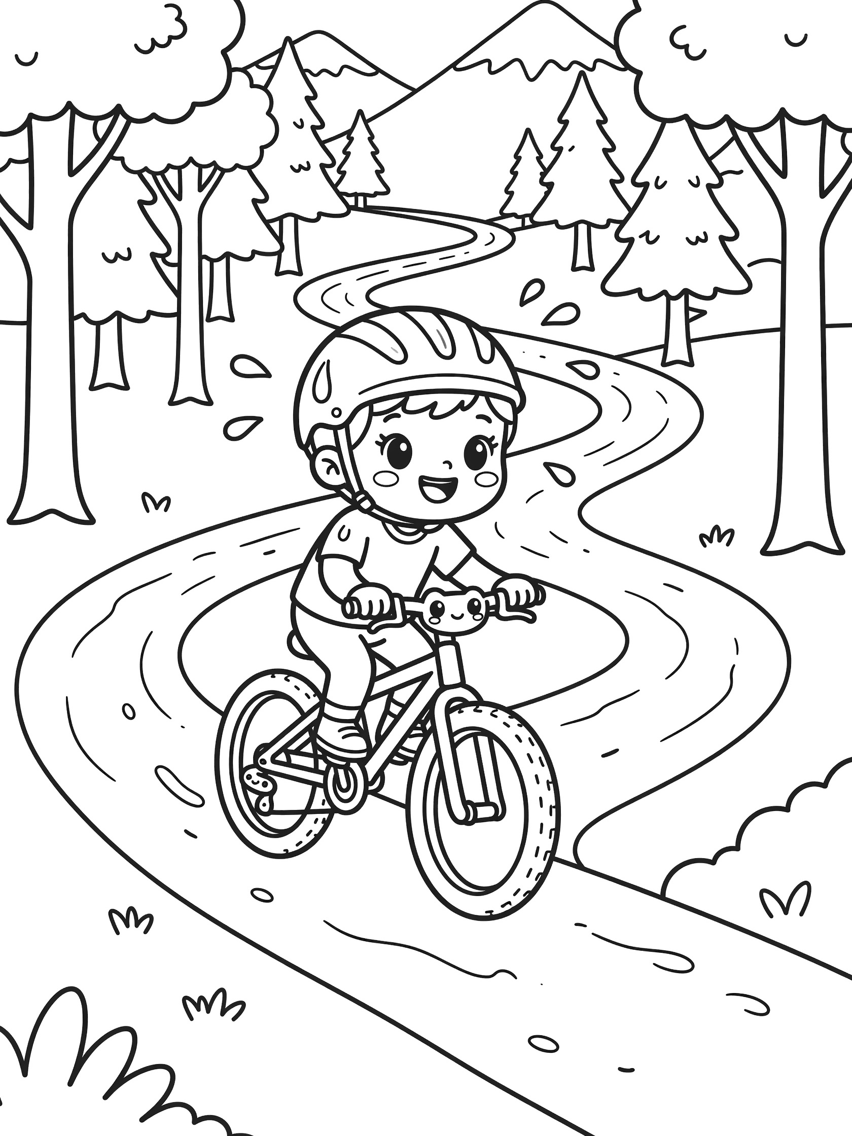 Kawaii style coloring page showing a happy child in helmet biking uphill on a curvy dirt trail surrounded by pine trees and snowy peaks with stylized sweat drops.