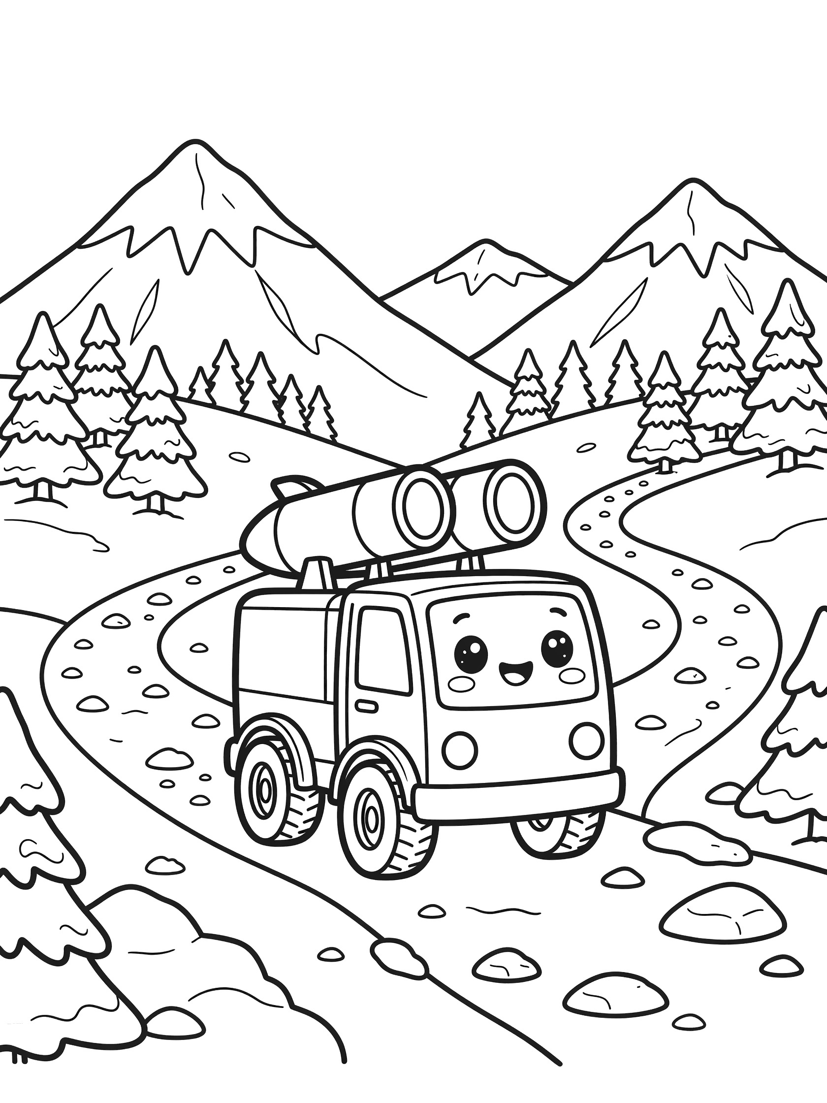 Kawaii rocket launcher vehicle with sparkling eyes and rosy cheeks on a winding mountain path, surrounded by pine trees and snow-capped mountains, line art coloring page.