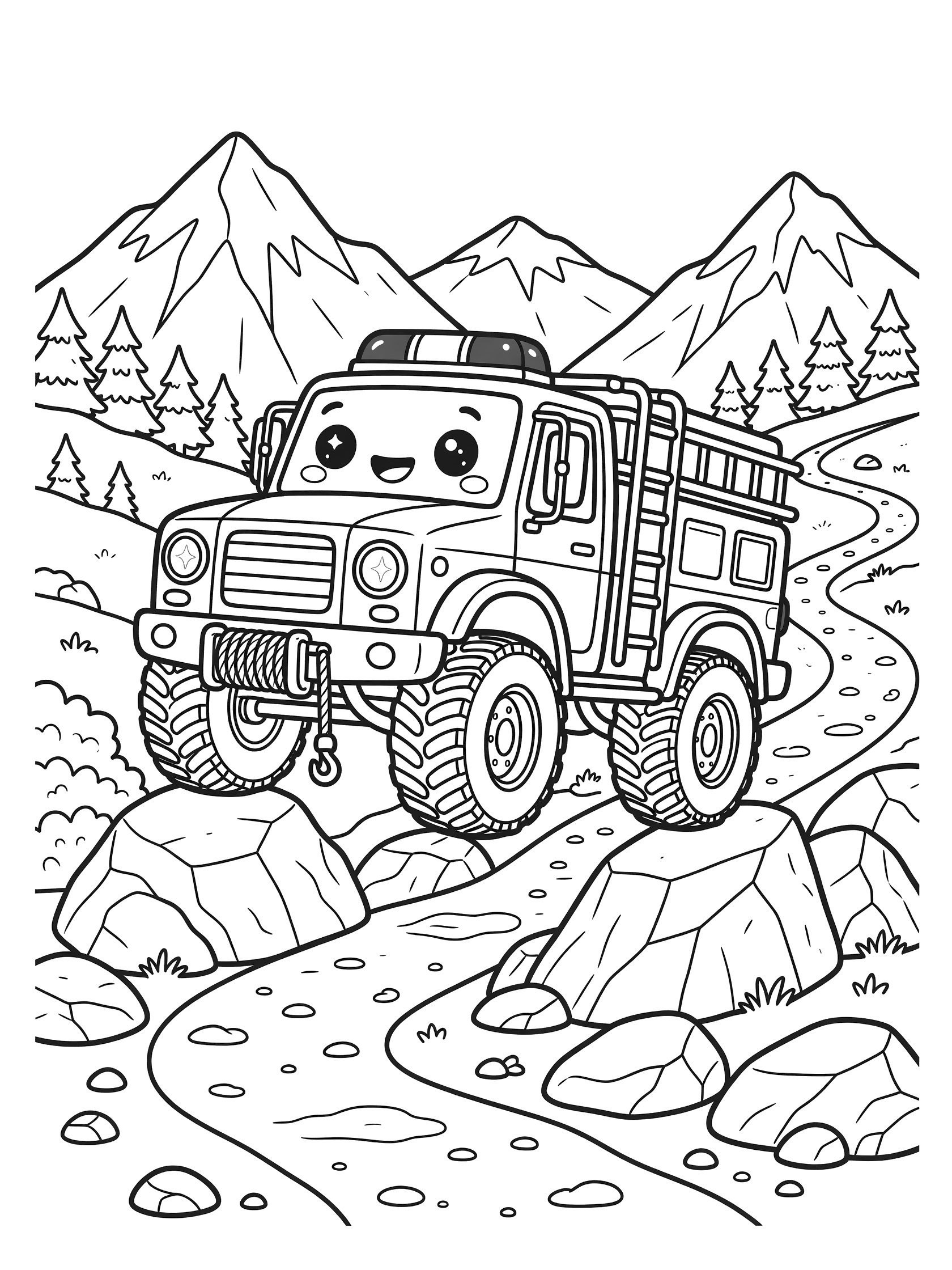 Black and white line art of a cute rescue truck climbing a rocky mountain hill with oversized tires, winch cable, ladders, and jagged peaks.