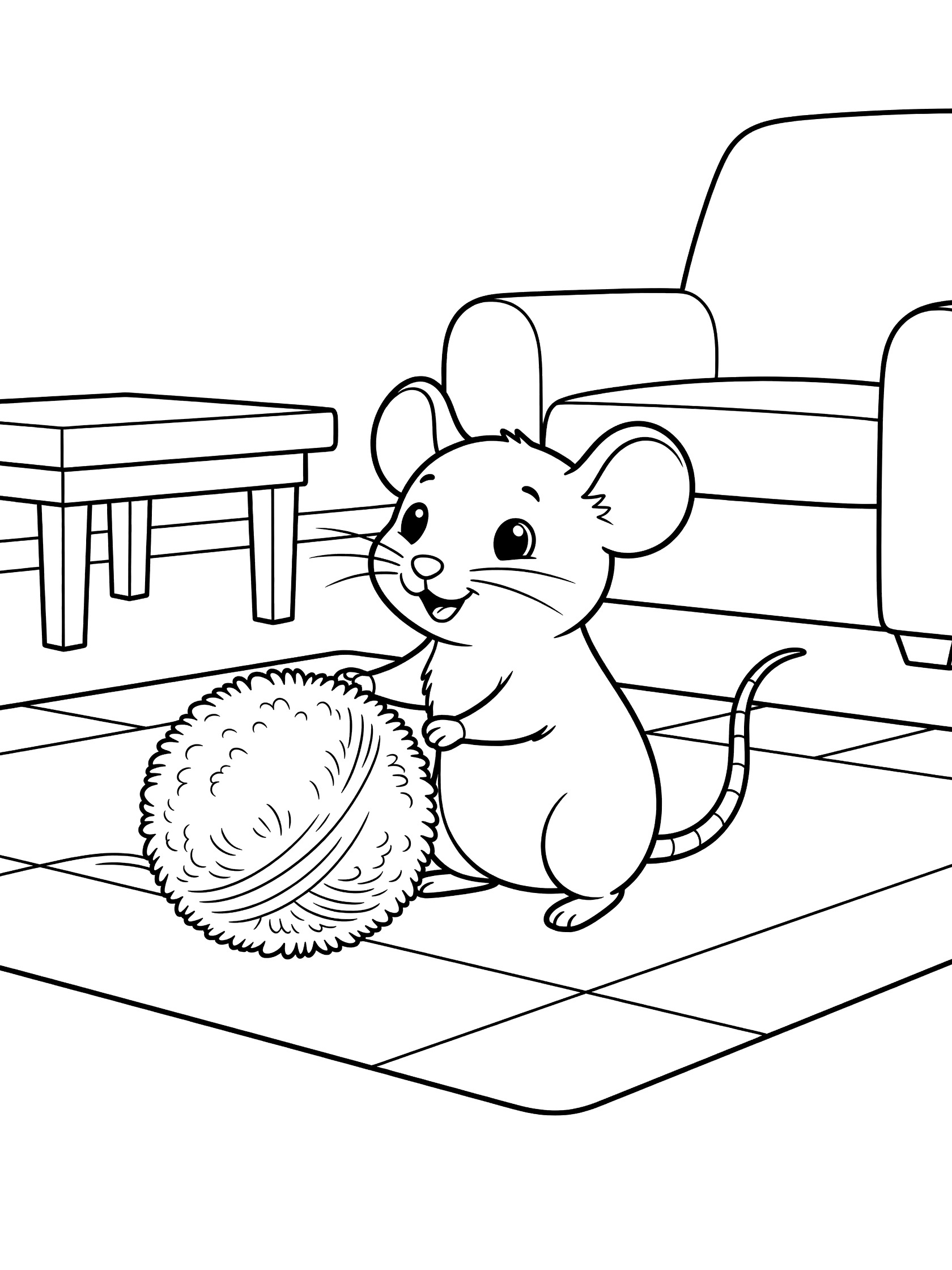 Black and white line art coloring page showing a cute mouse standing on hind legs batting a fluffy yarn ball with paws, in a room with chair, table, and rug.