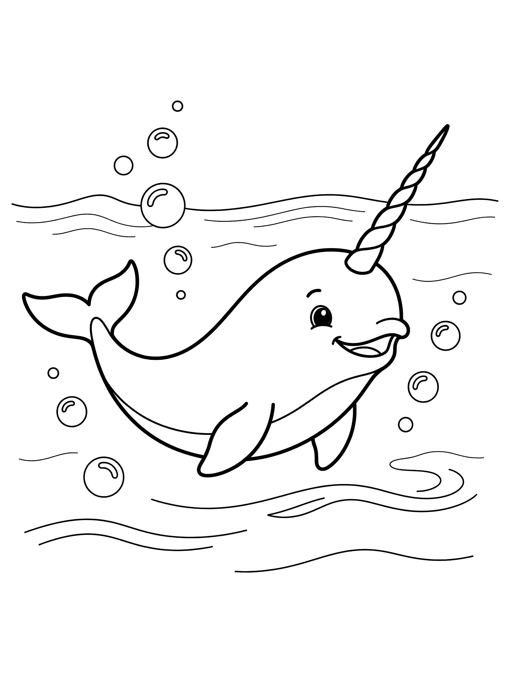 Black and white line art coloring page of a cute smiling narwhal swimming with spiral tusk, surrounded by ocean waves and bubbles.