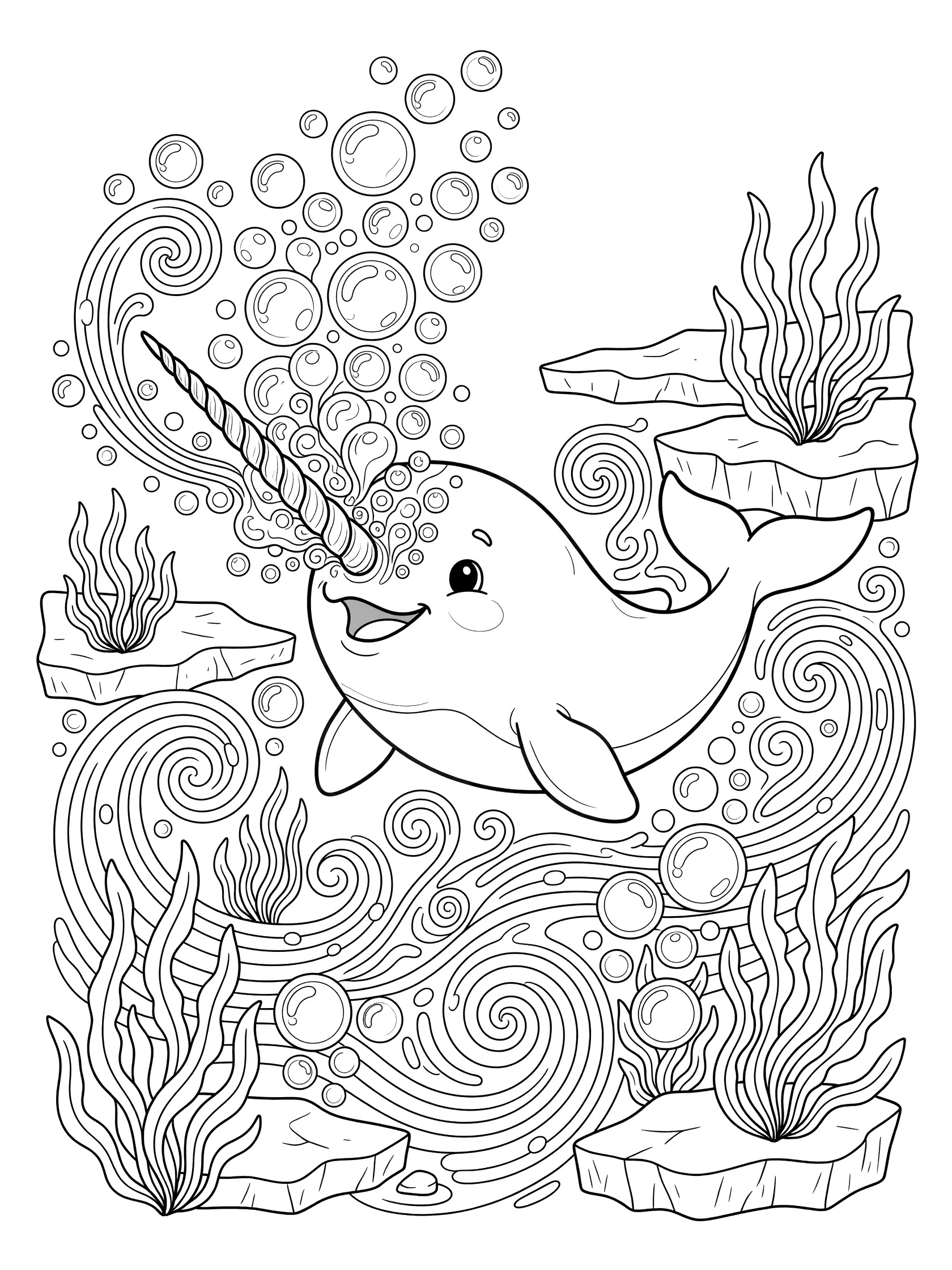 Black and white line art coloring page showing a happy narwhal with spiral tusk blowing a big cluster of bubbles, surrounded by swirling water, kelp plants, and ice floes.