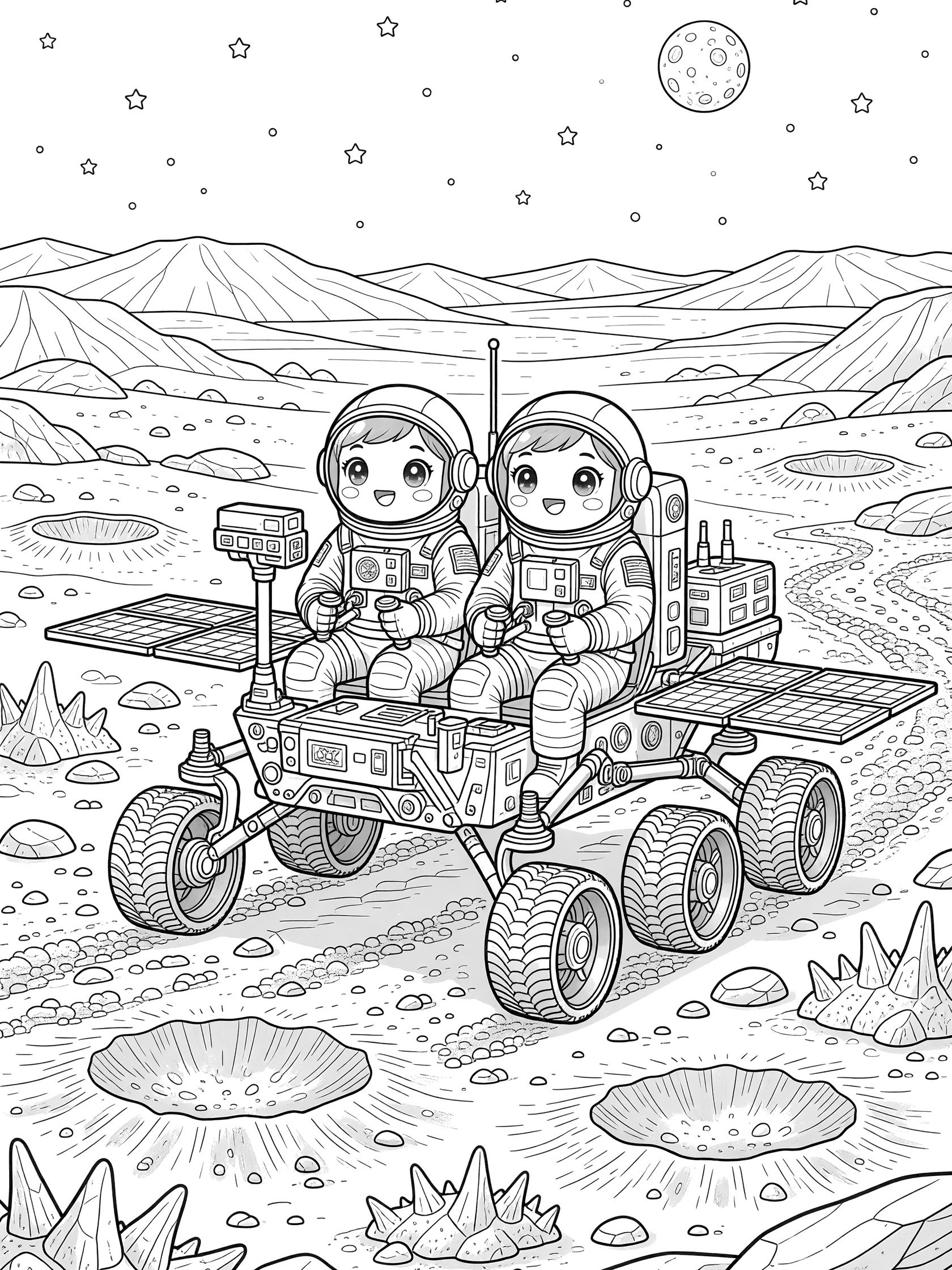 Black and white line art of two chibi NASA astronauts in spacesuits driving a rover with big wheels on dusty Mars ground with boulders, craters, and distant mountains.