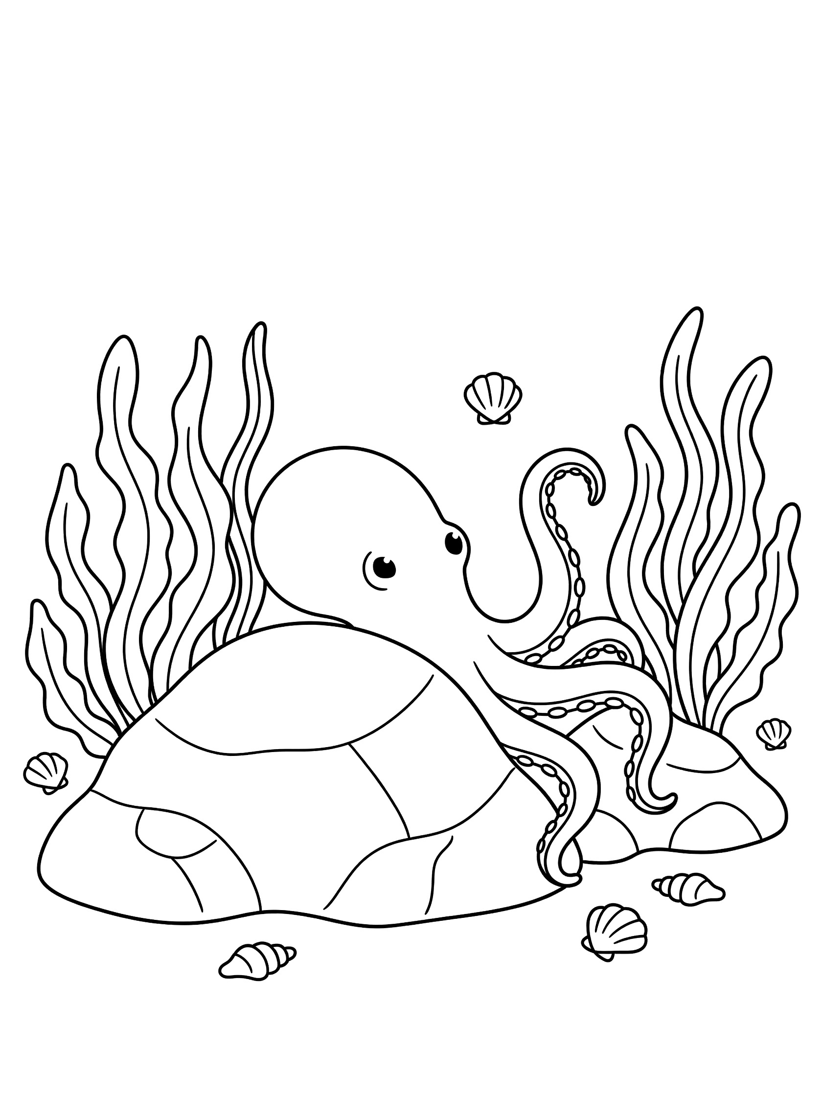 Black and white line art coloring page showing a happy octopus with tentacles around a rock and turtle, surrounded by seaweed and small shells.