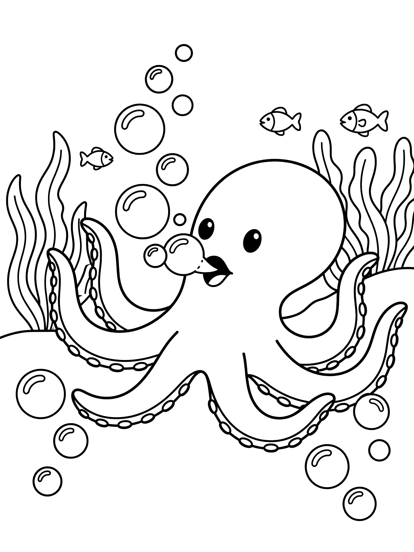 Black and white line art coloring page showing a happy octopus blowing large bubbles from its mouth with tentacles touching smaller bubbles, fish and seaweed in the background.