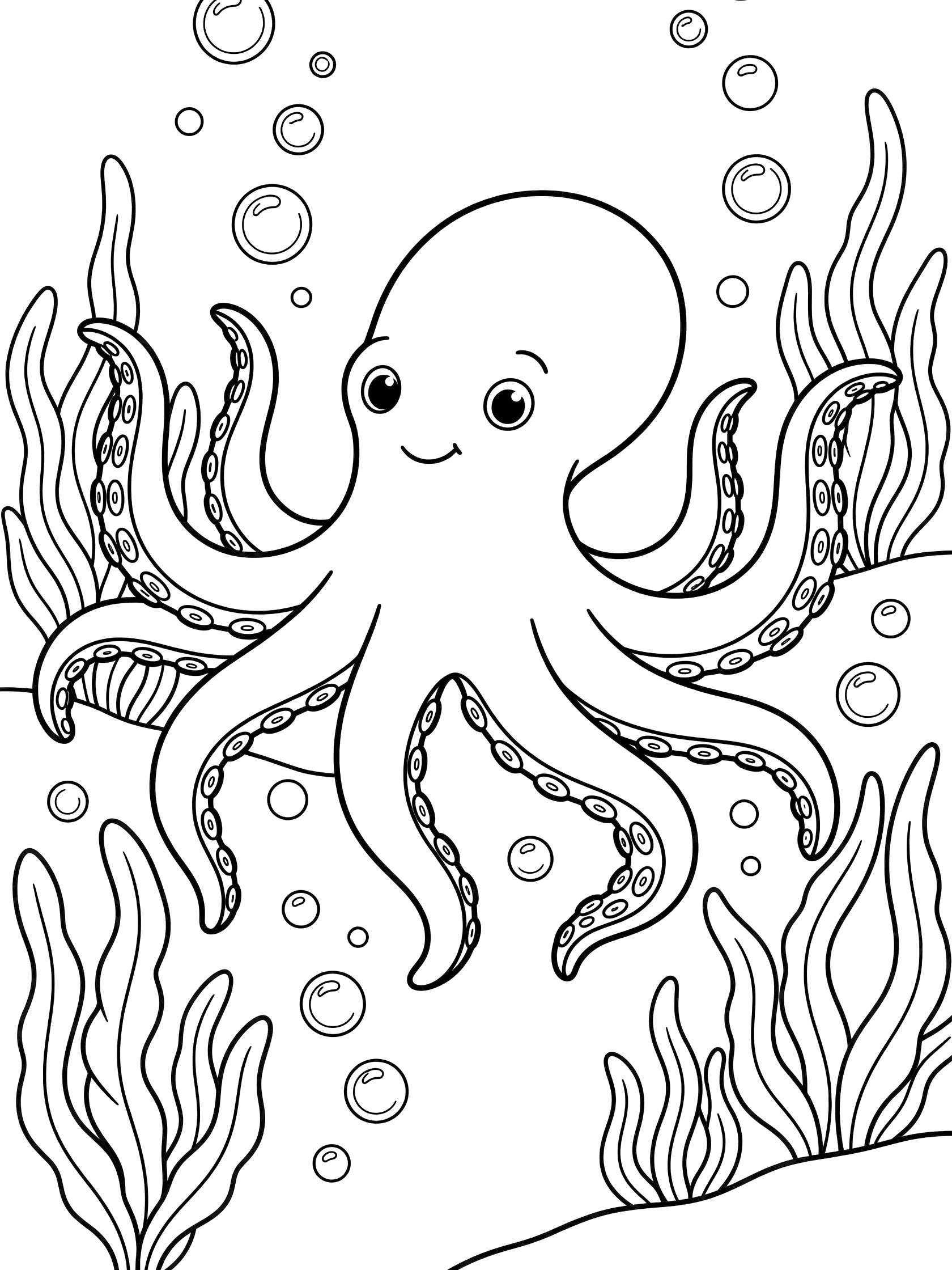 Black and white line art coloring page showing a cute smiling octopus with eight tentacles, surrounded by floating bubbles and swaying seaweed.