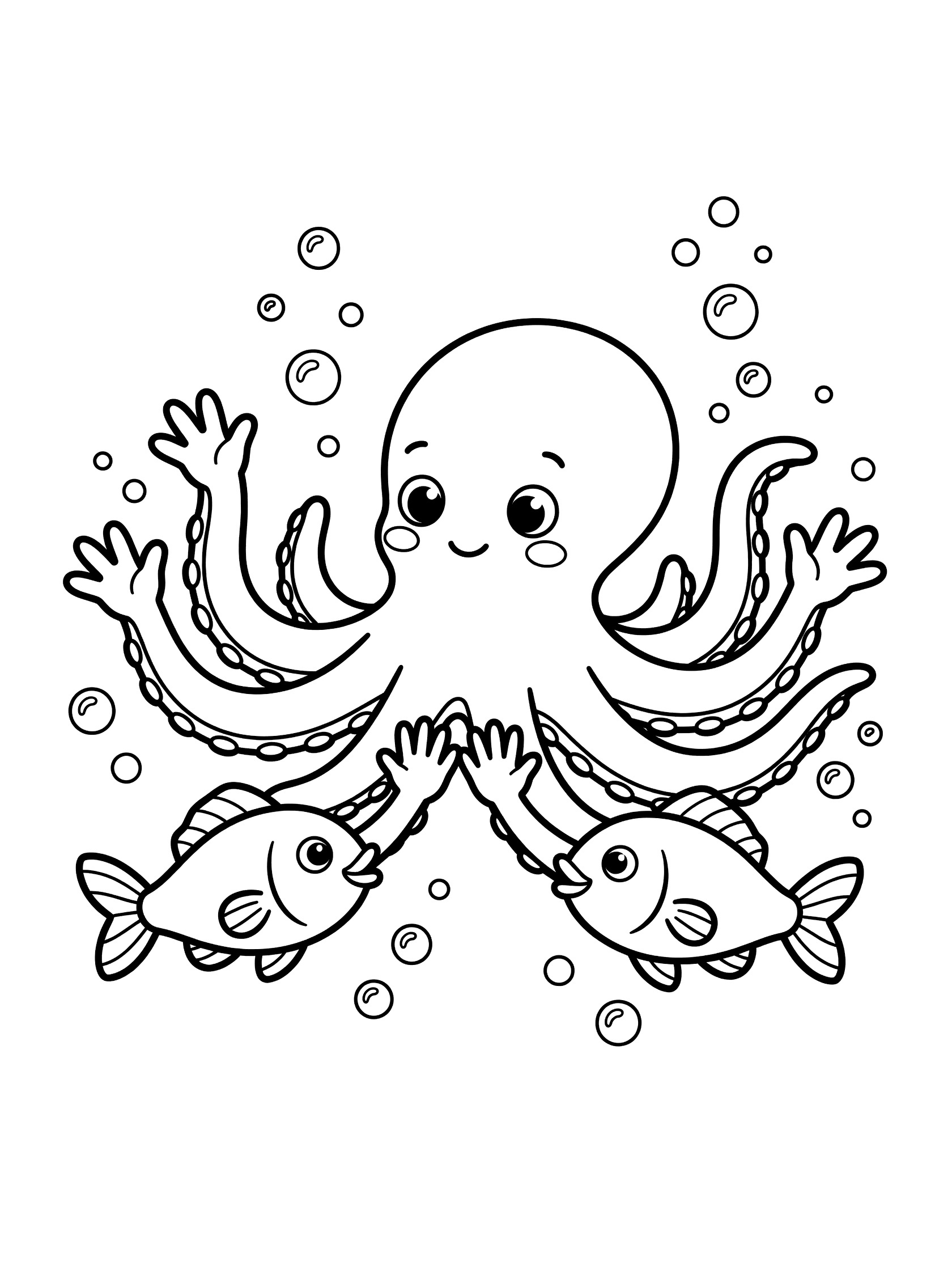 Black and white line art coloring page showing a happy octopus with big eyes reaching tentacles to high-five two friendly fish, surrounded by ocean bubbles.
