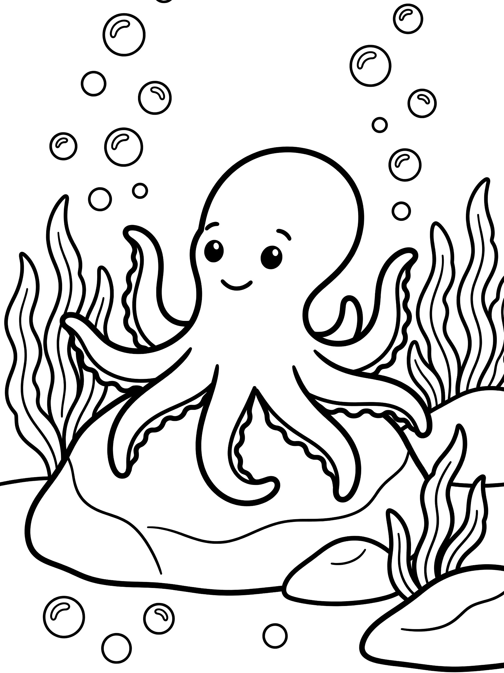 Black and white printable coloring page showing a happy octopus with eight tentacles on a round rock, surrounded by seaweed and floating bubbles on ocean floor.