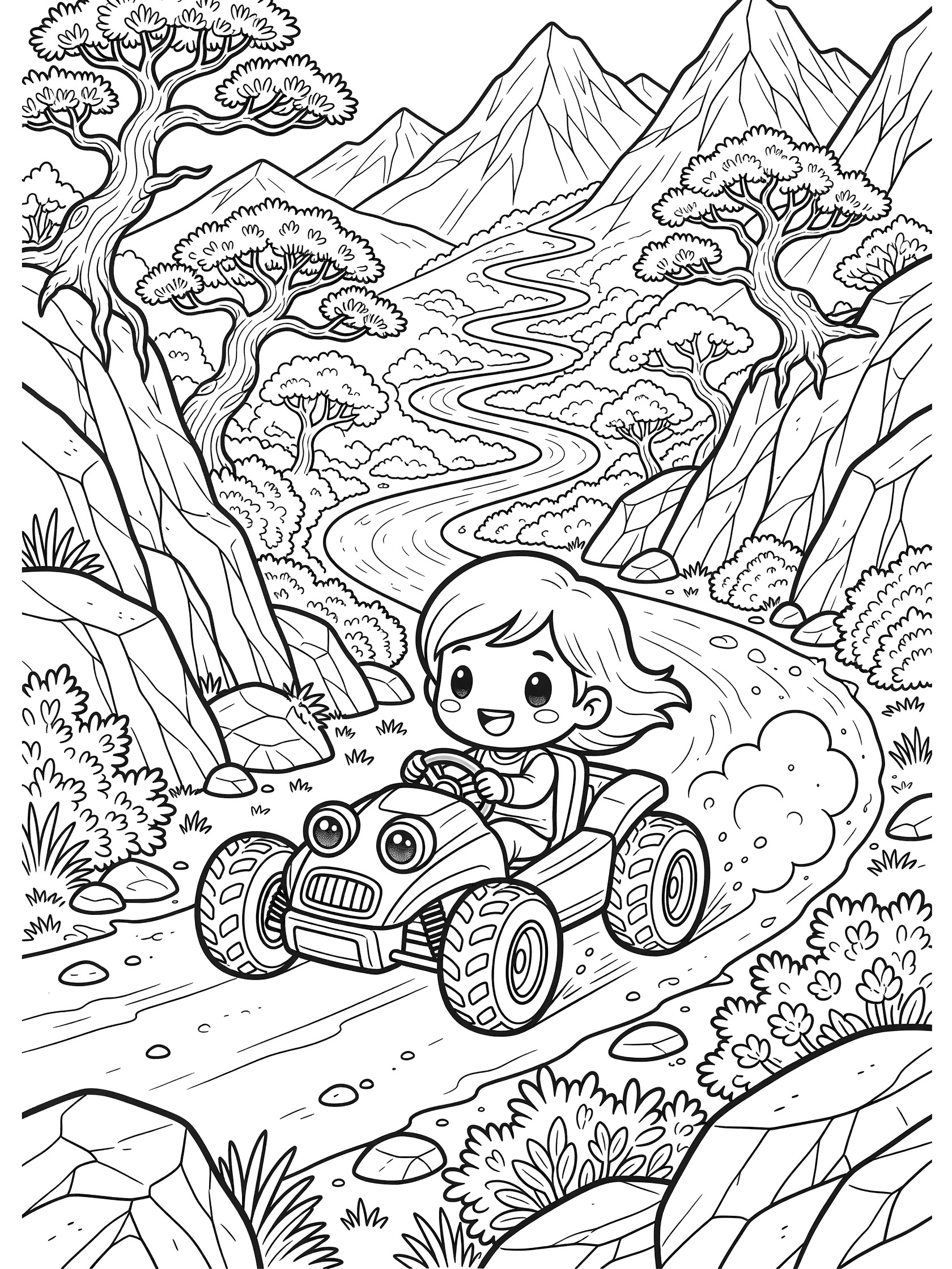 Kawaii style coloring page showing a happy girl driving a chibi off-road go-kart speeding around a curvy mountain path with dust, bushes, pine trees, and rocky cliffs.