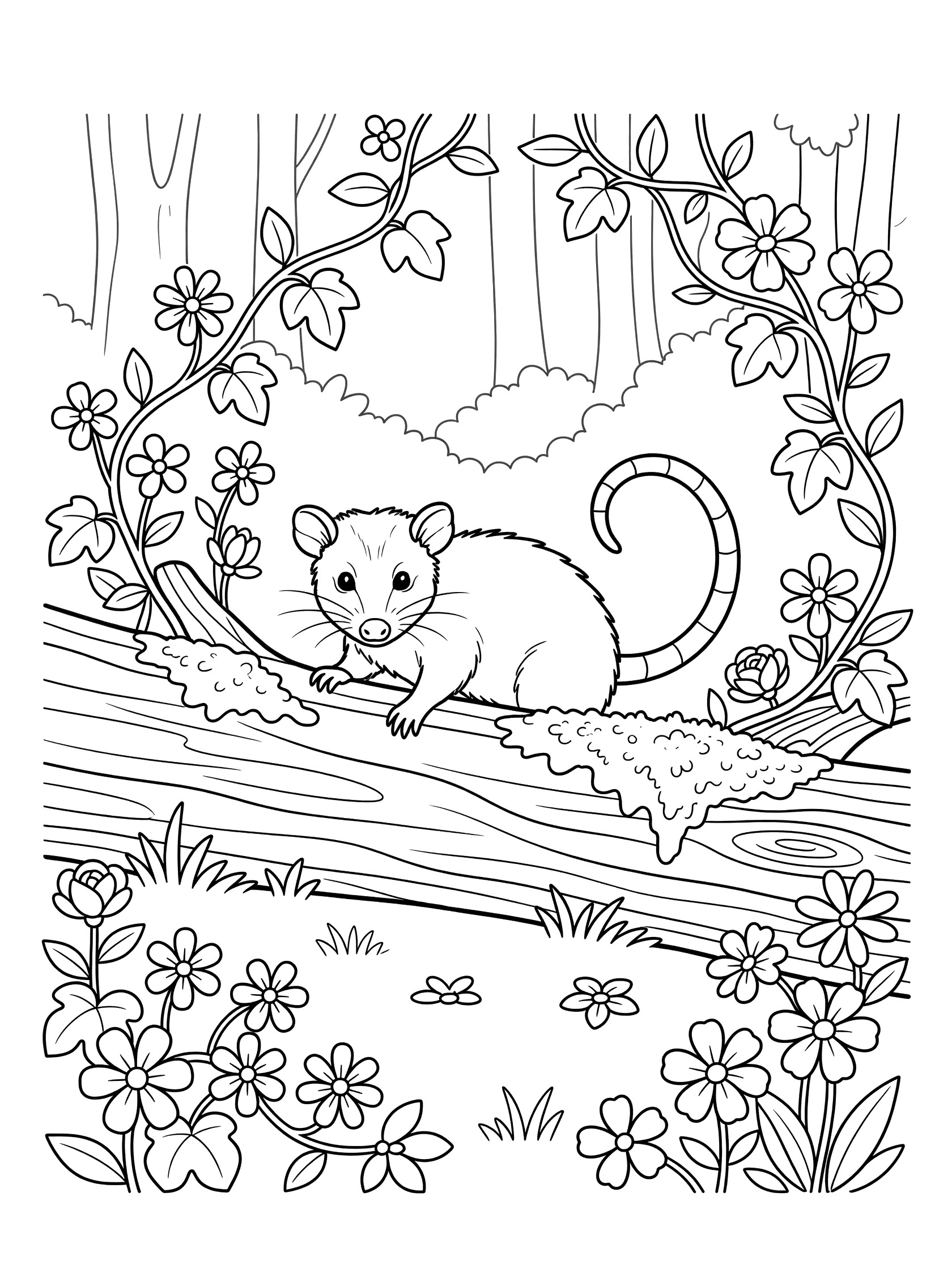 Black and white line art coloring page showing an opossum peeking curiously over a mossy log with vines and flowers in a forest setting