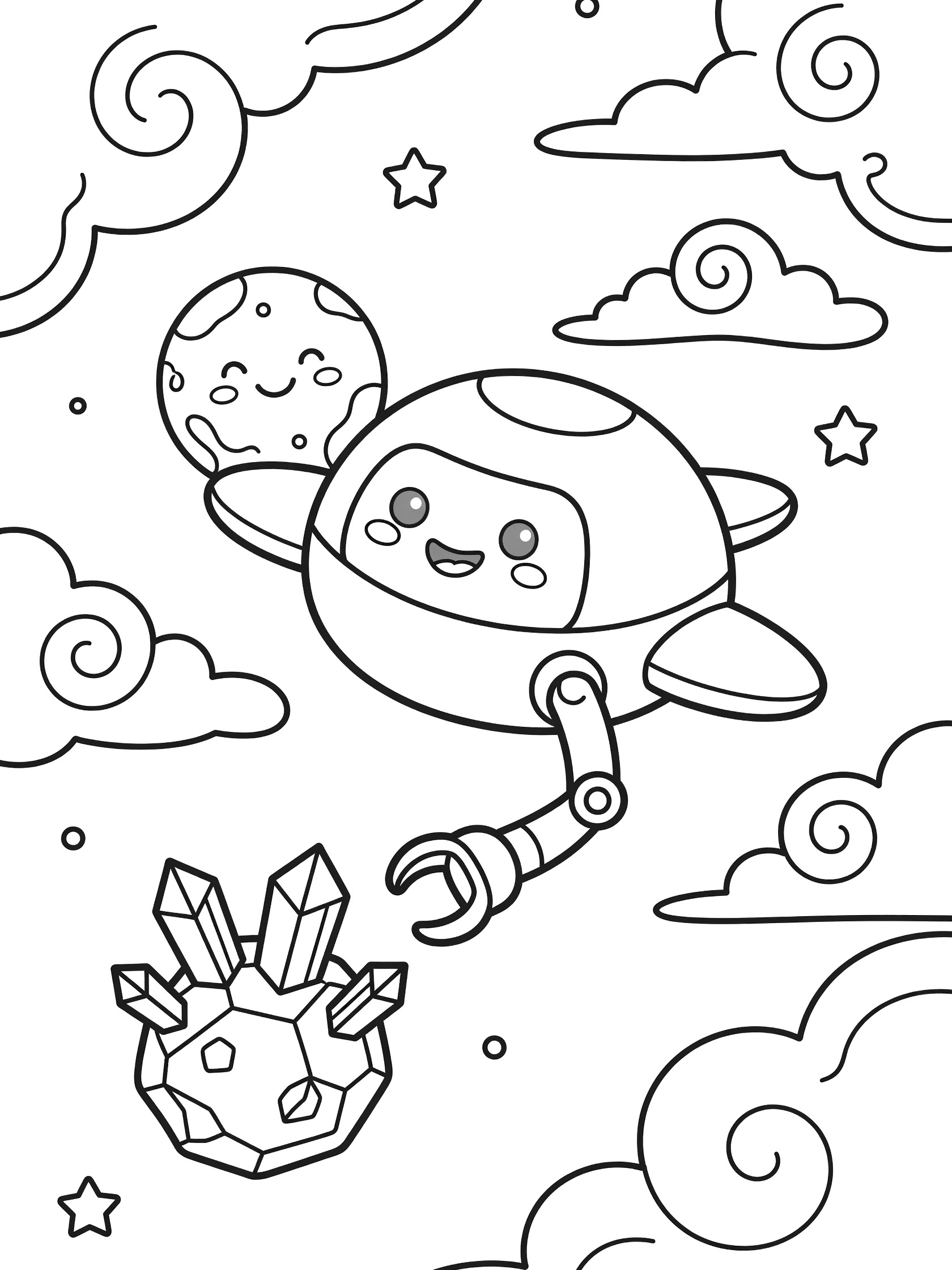 Whimsical line art coloring page showing a cute orbiter with rounded wings, cheerful face, and robotic arm scooping a floating crystal asteroid near a smiling planet and starry clouds.