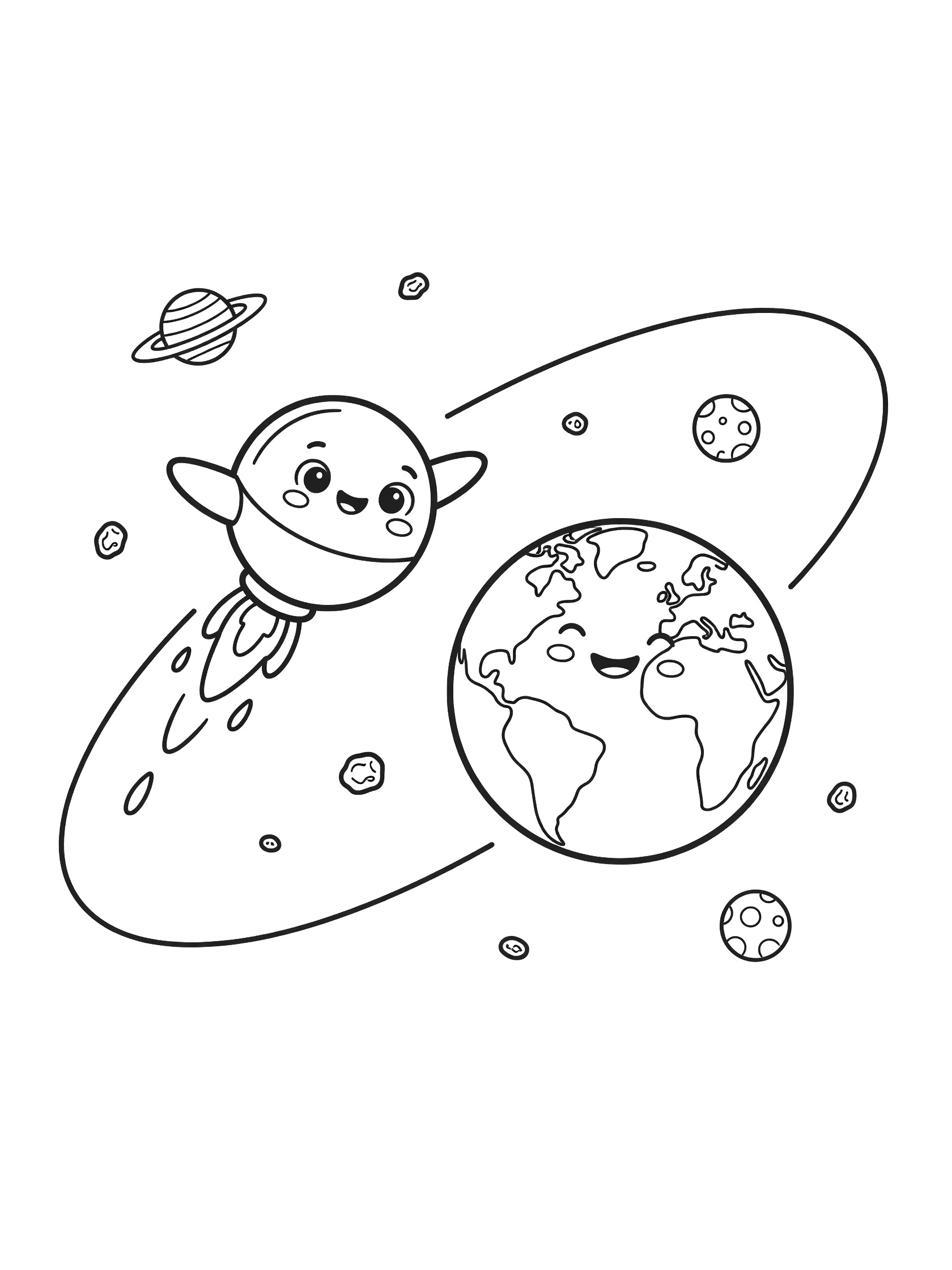 Cute cartoon orbiter spacecraft with friendly eyes, stubby wings, and engine flames orbiting a smiling Earth planet in starry space with asteroids and a curved path.