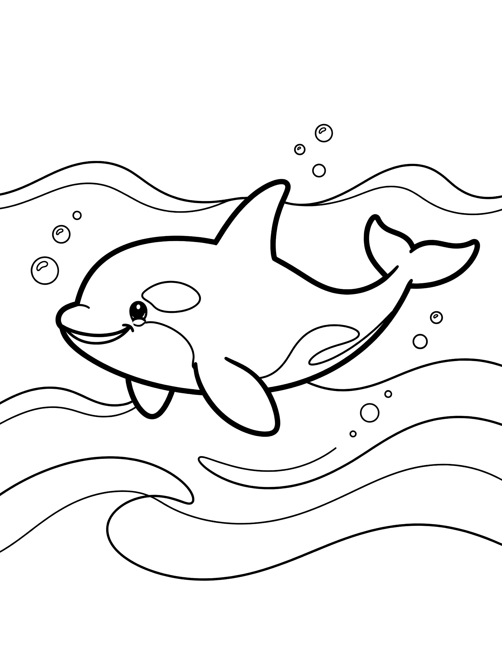Black and white line art coloring page showing a cute orca with big smile swimming in wavy ocean lines and bubbles, pure white background.