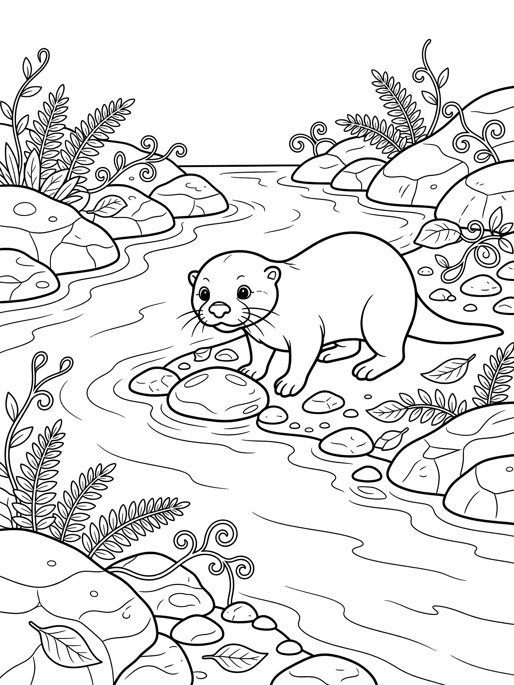 Black and white line art coloring page showing a curious otter on hind legs near a shiny stone in a stream surrounded by rocks, pebbles, leaves, twirly vines and ferns.