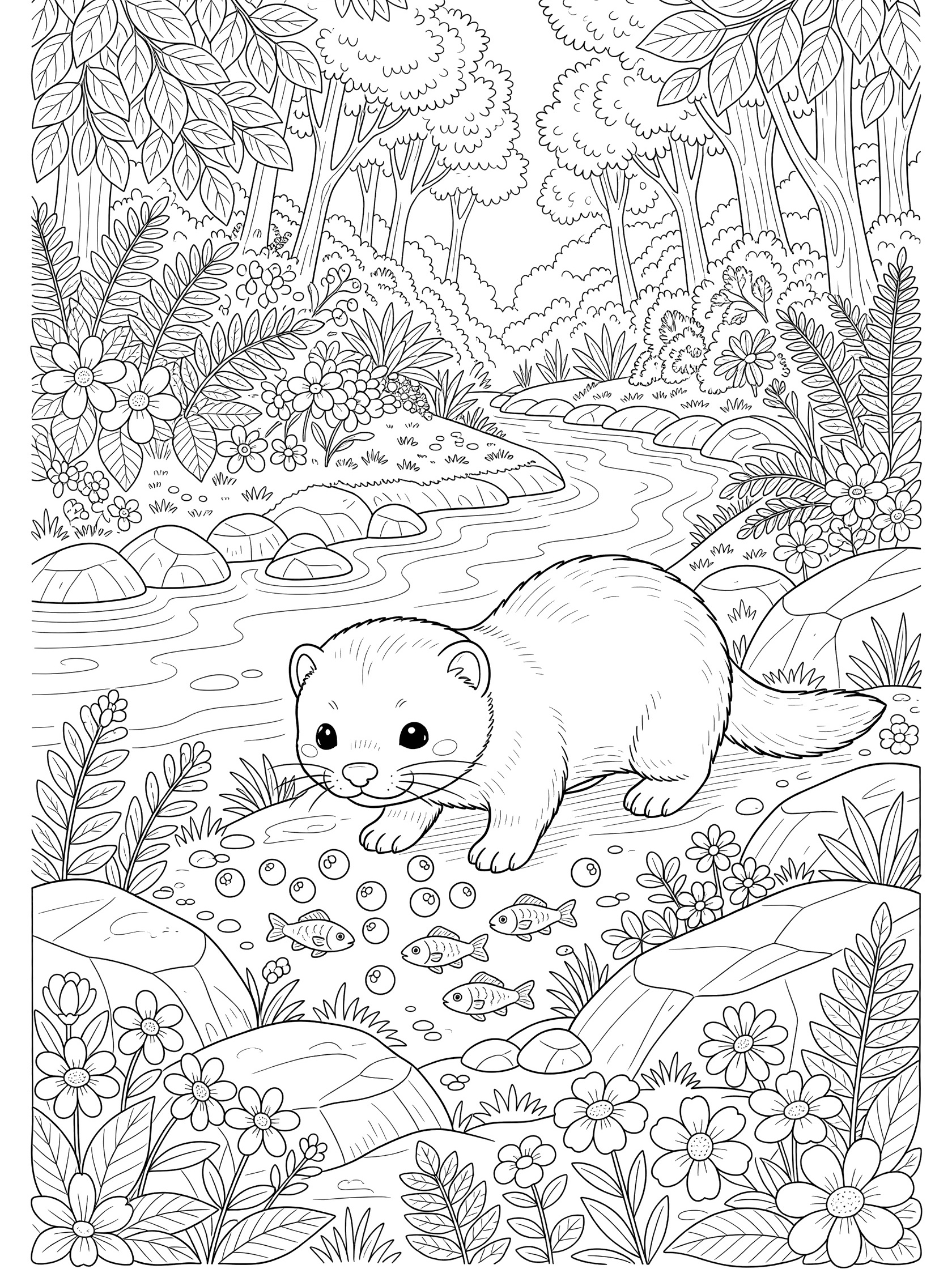 Black and white line art coloring page showing a cute otter walking near a riverbank with small fish in the water, rocks, wildflowers, and detailed forest foliage around. Mink themed black and white printable line art